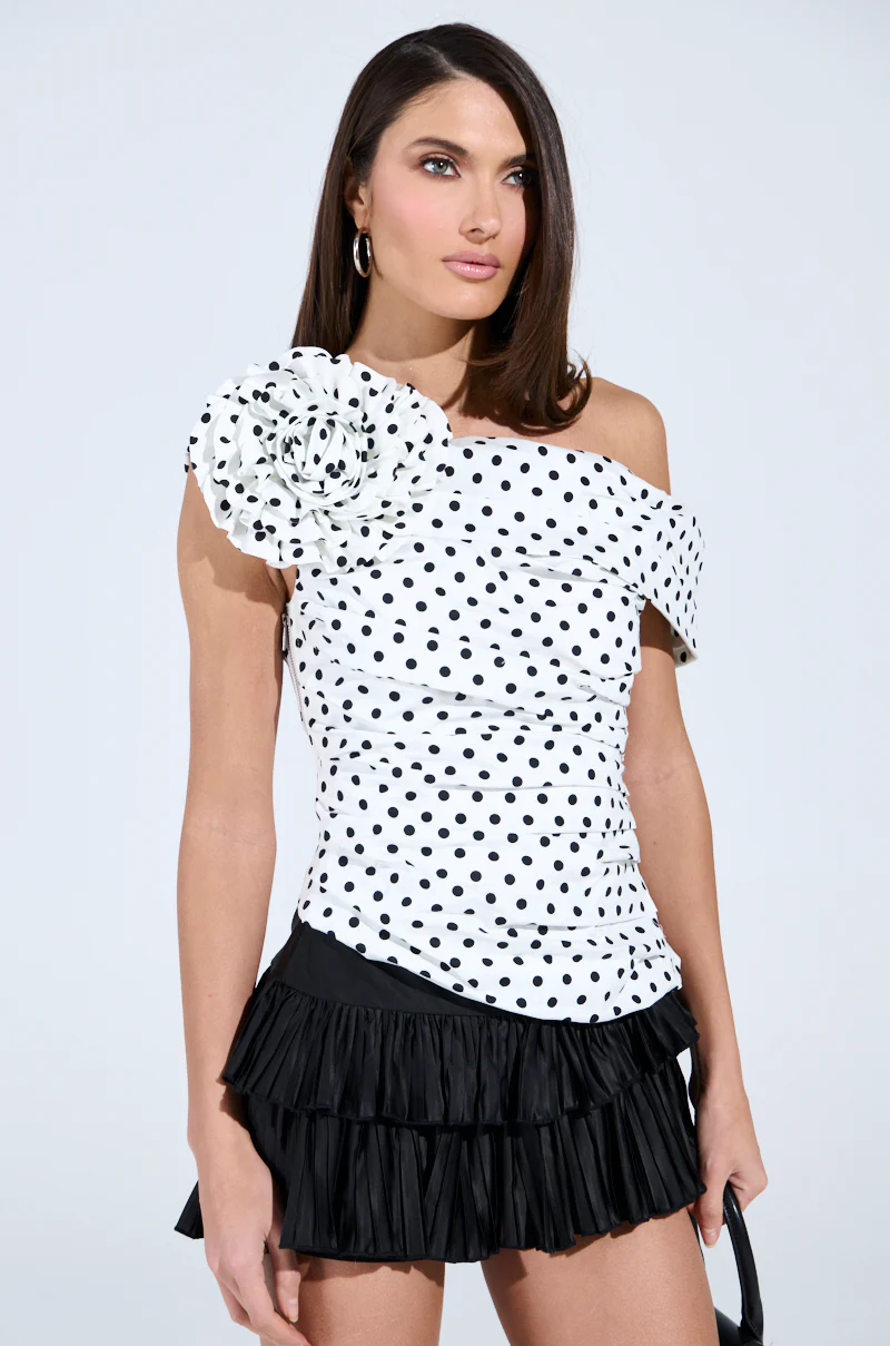RUCHED POLKA DOT OFF THE SHOULDER TOP - Image 7