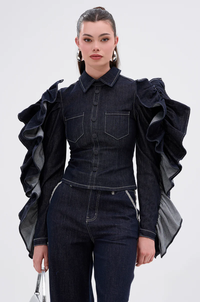 RUFFLED UP LONG SLEEVE DENIM TOP - Image 3