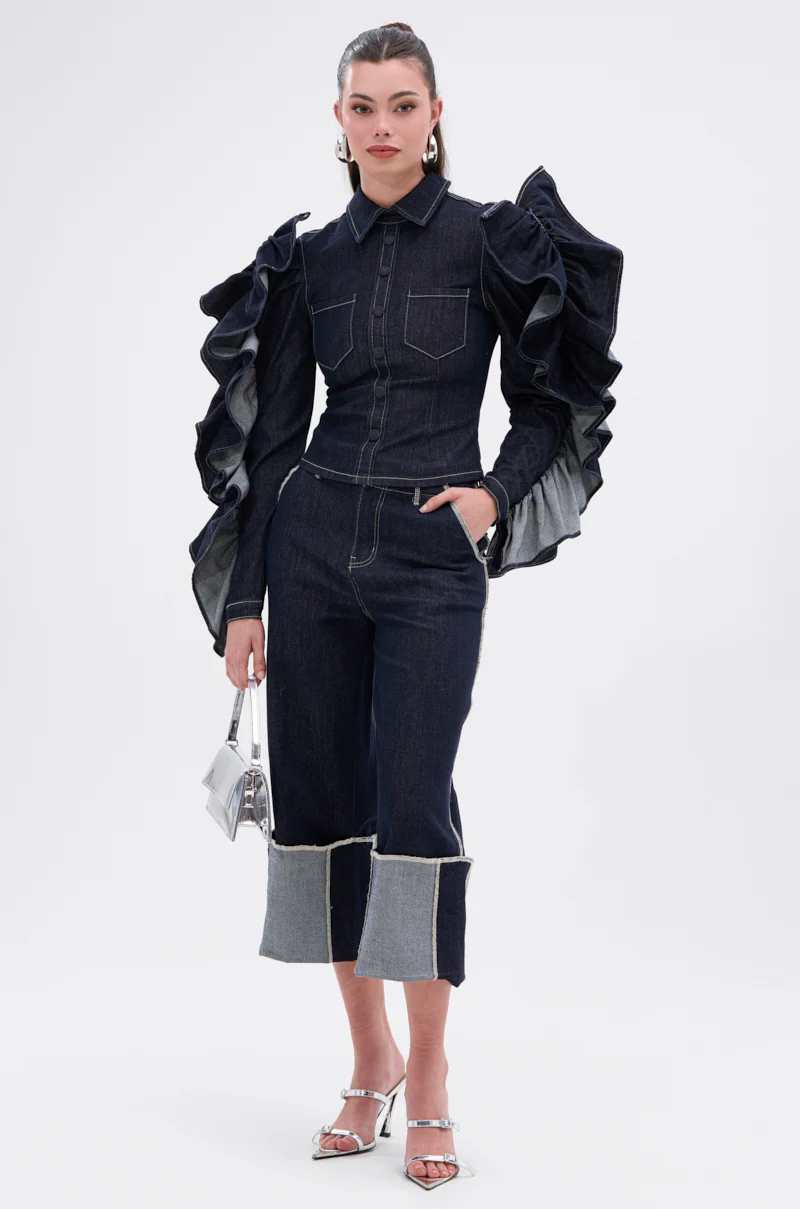 RUFFLED UP LONG SLEEVE DENIM TOP - Image 7