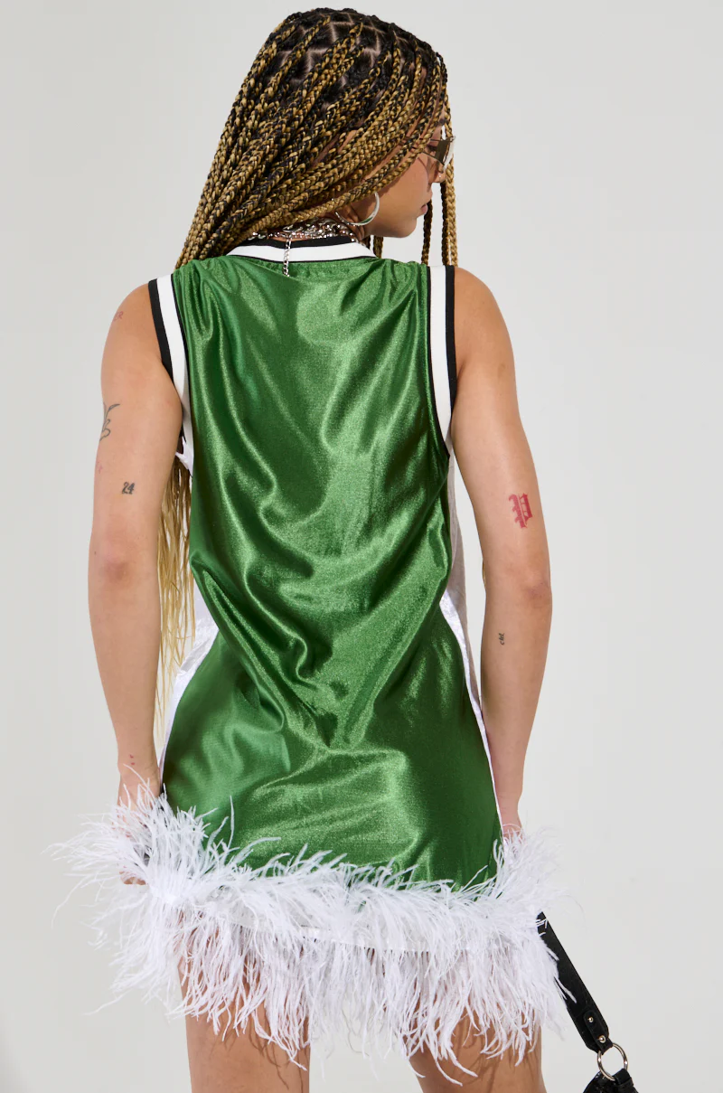 RUN THE COURT JERSEY MINI DRESS WITH FEATHER TRIM IN GREEN - Image 6