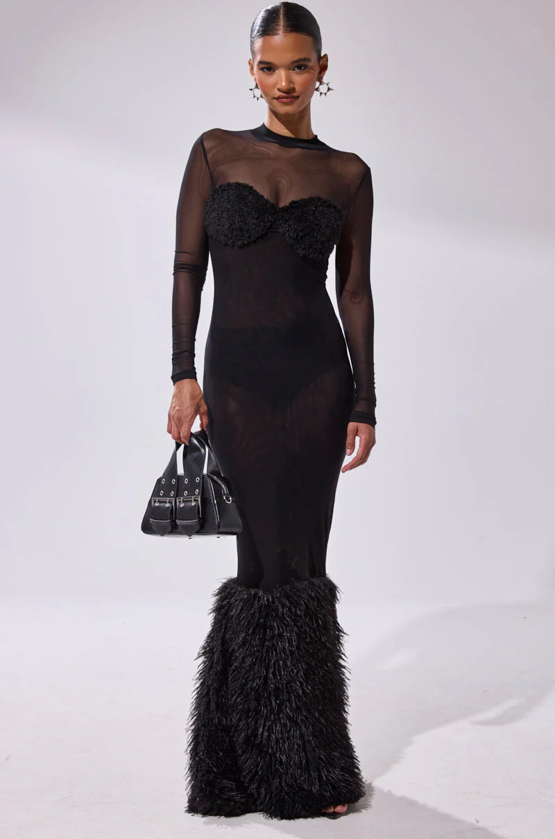 RUNAWAY BRIDE MESH FUR MAXI DRESS