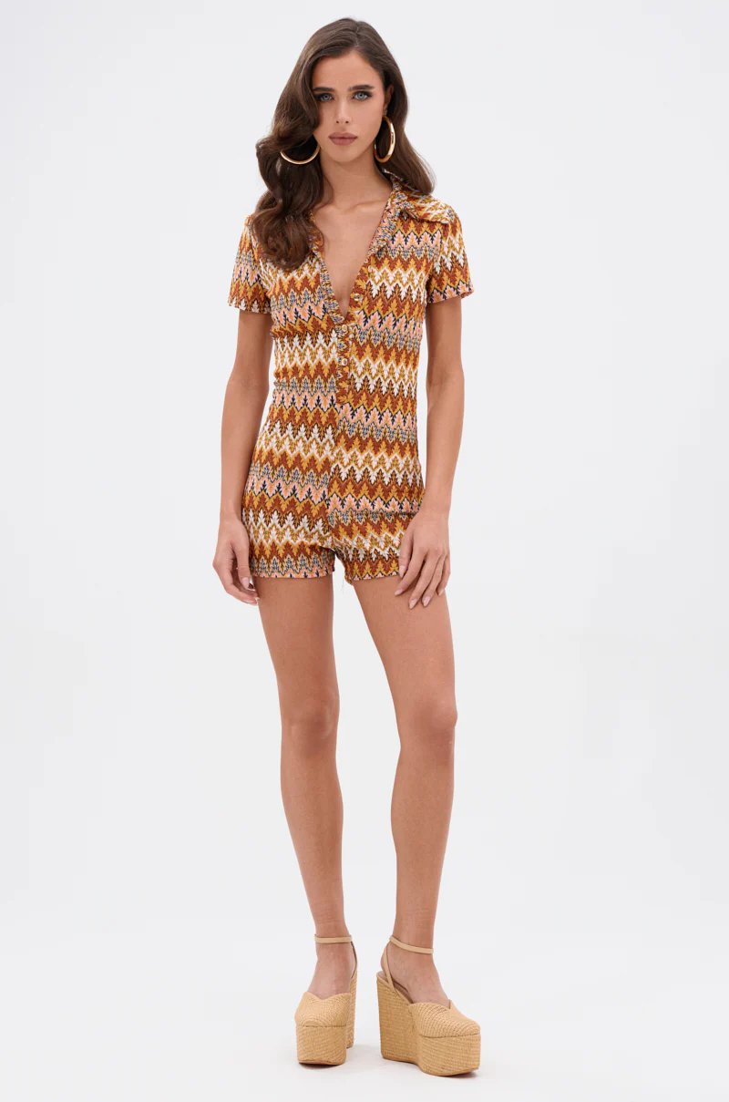 RYLEE ABSTRACT PRINT COLLARED ROMPER IN BROWN - Image 5