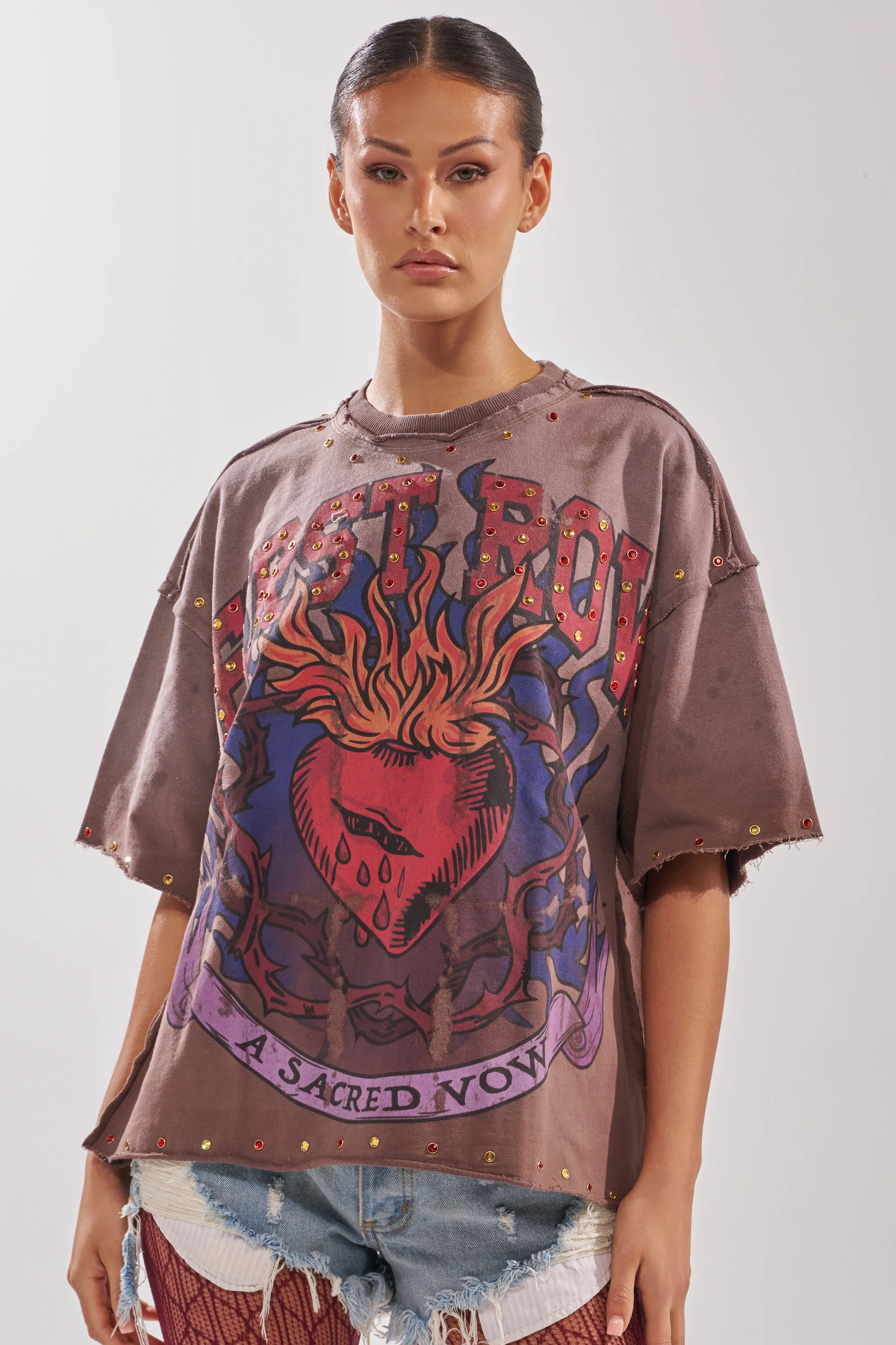 FIRST ROW SACRED HEARTH RHINESTONE DISTRESSED TEE - Image 3