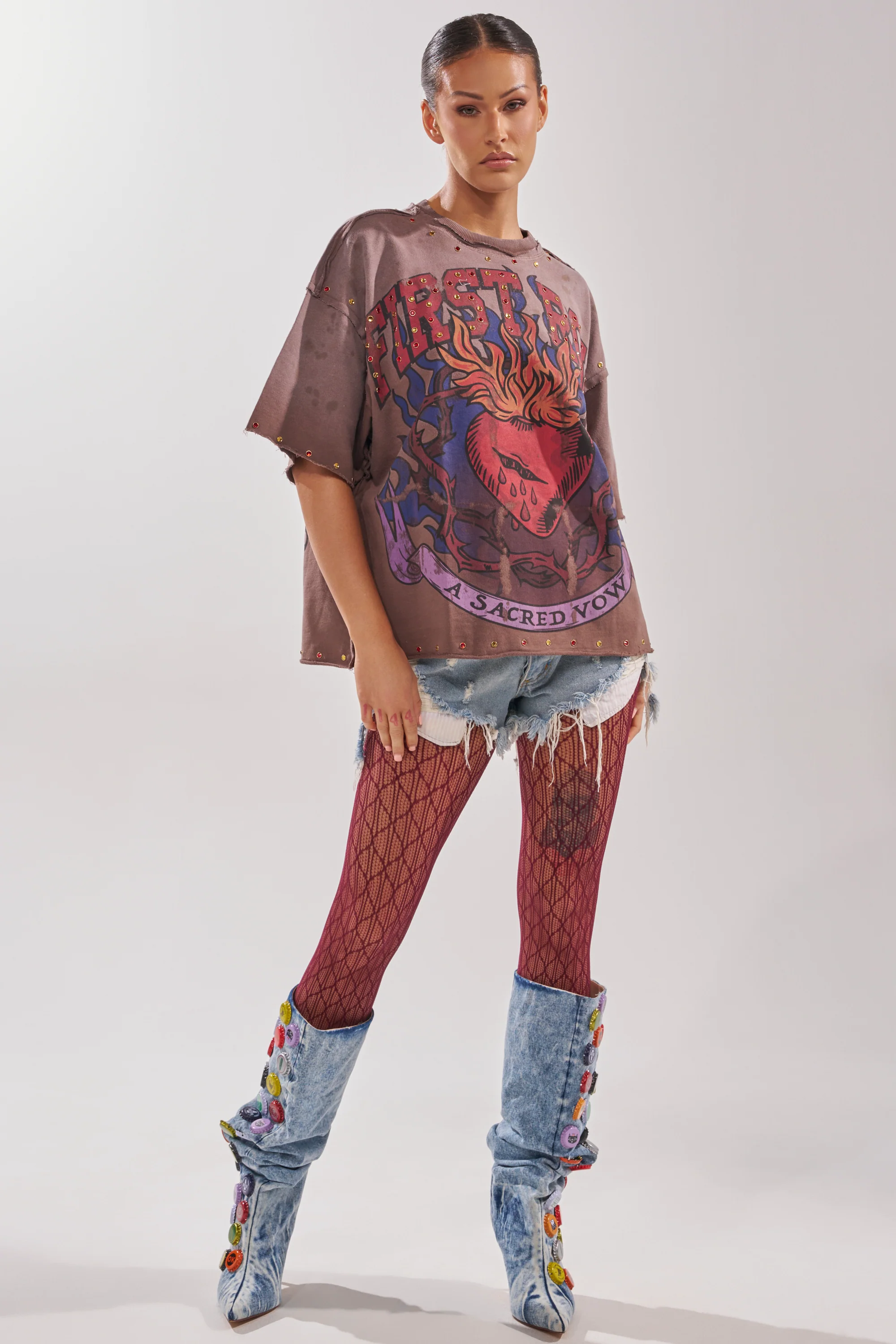 FIRST ROW SACRED HEARTH RHINESTONE DISTRESSED TEE - Image 7