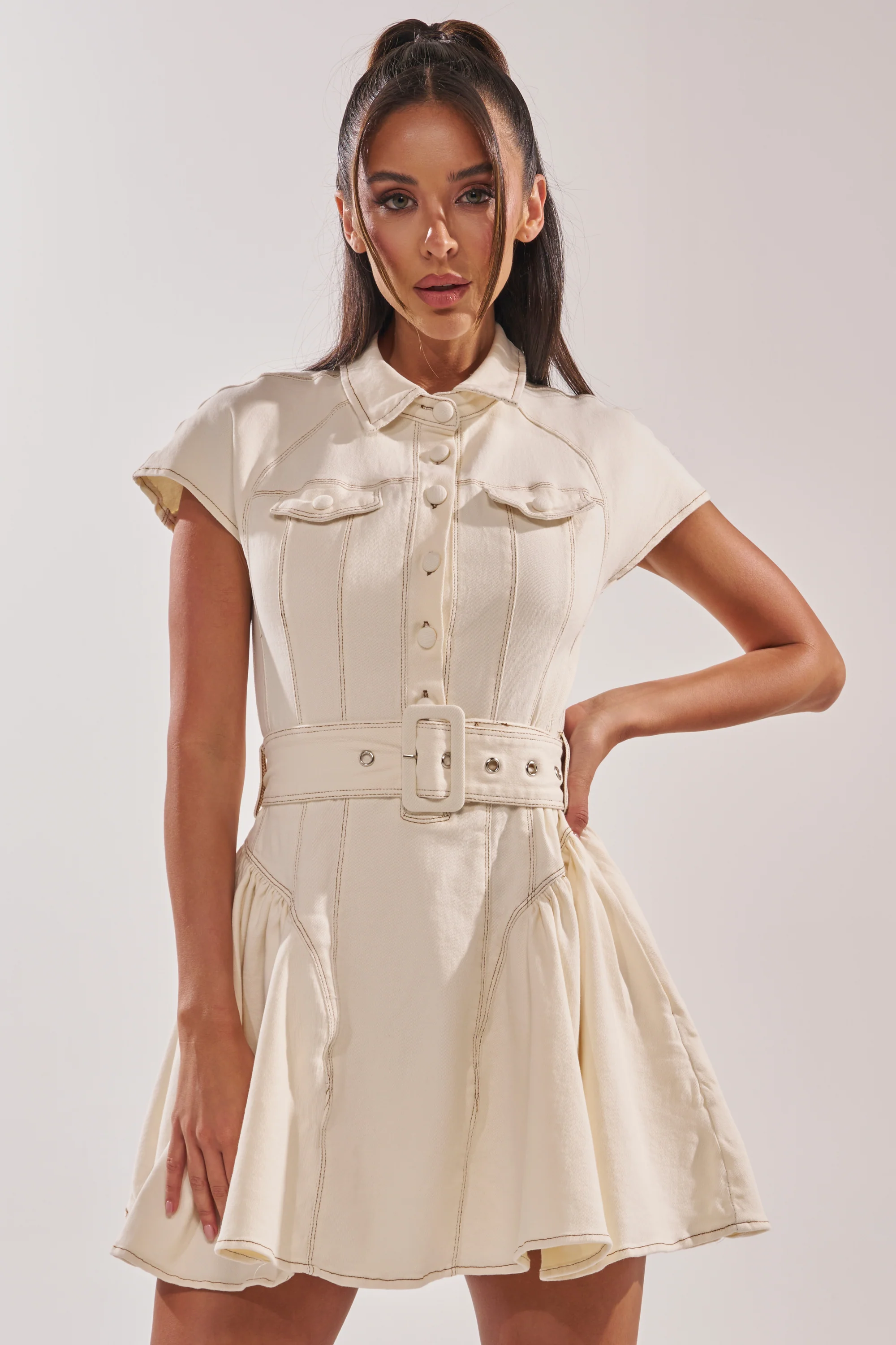 SADIE BUTTON UP DENIM MINI DRESS IN WHITE - Image 3