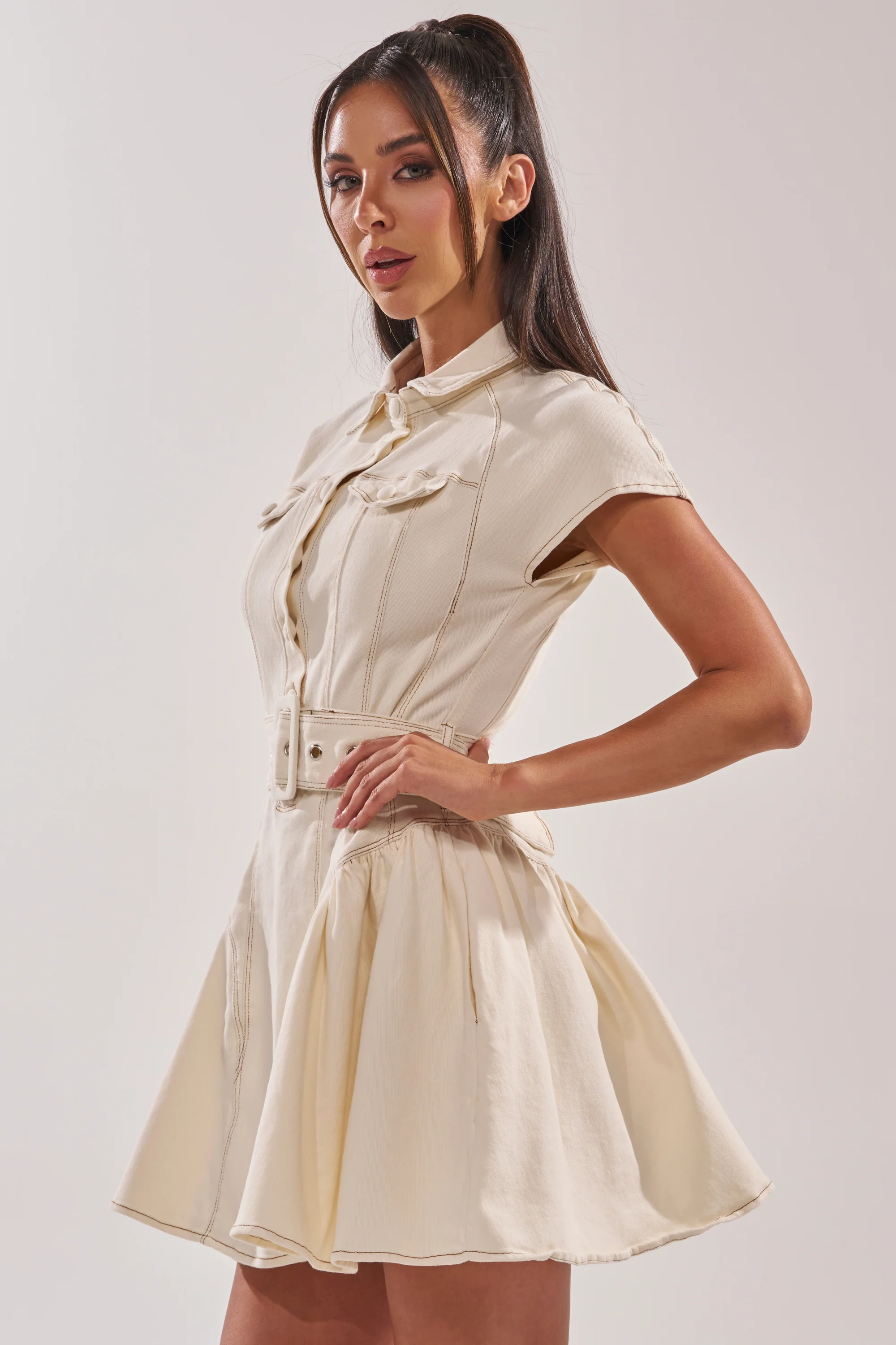 SADIE BUTTON UP DENIM MINI DRESS IN WHITE - Image 5