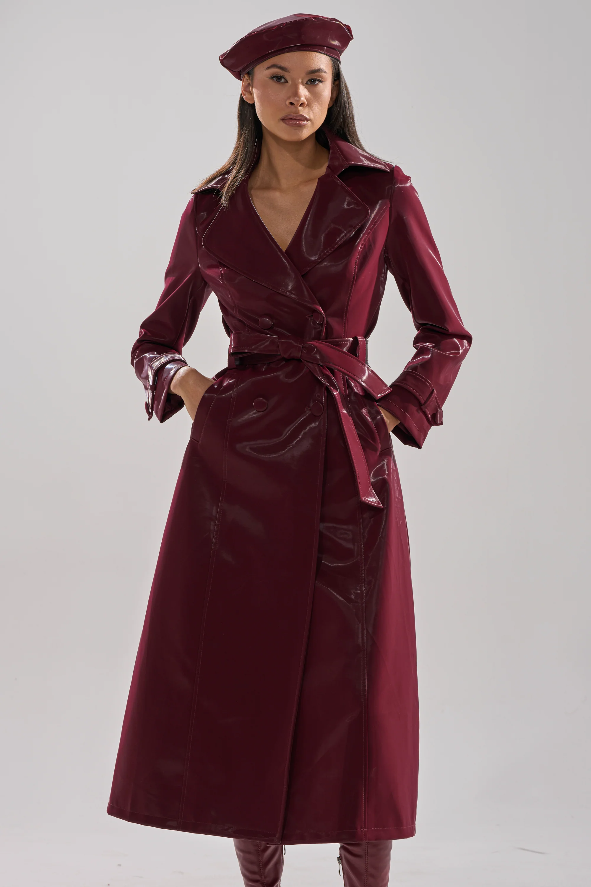 SANDO LIQUID VELVET TRENCH IN BURGUNDY - Image 12