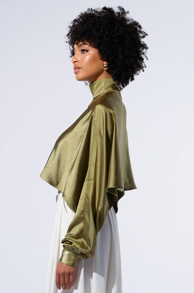 SATIN MOCK NECK BLOUSE IN OLIVE - Image 3