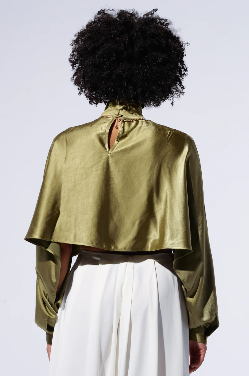 SATIN MOCK NECK BLOUSE IN OLIVE - Image 4