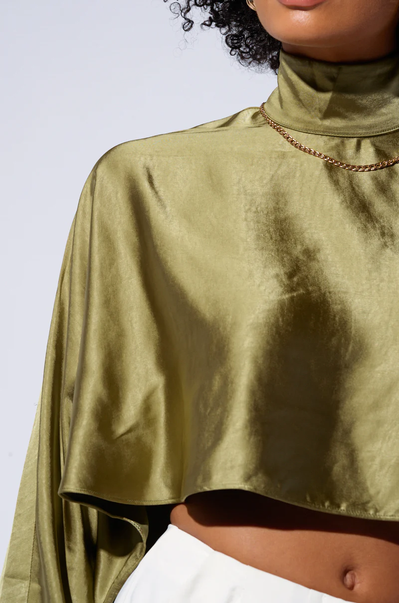 SATIN MOCK NECK BLOUSE IN OLIVE - Image 6