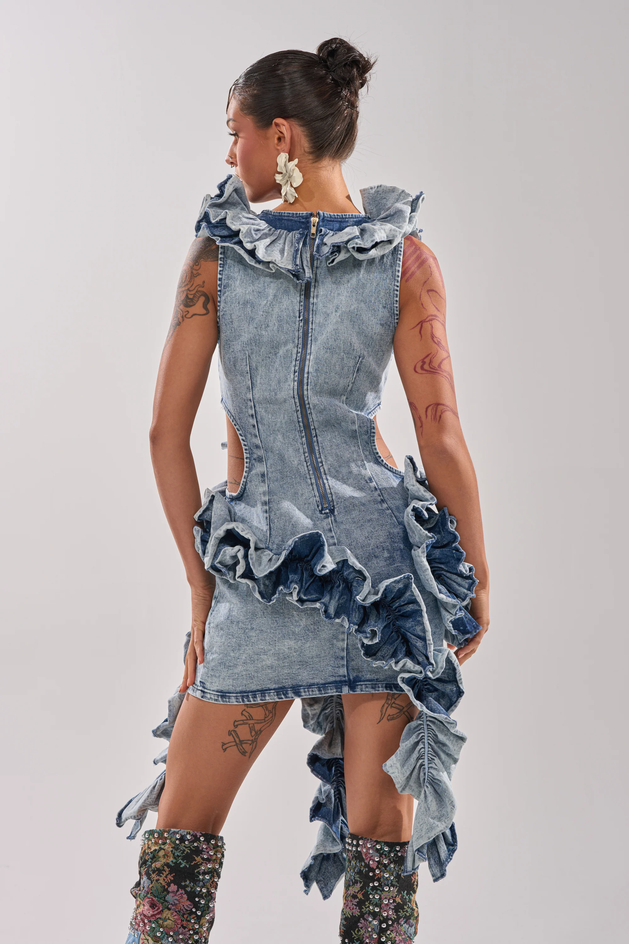 SAY IT AGAIN RUFFLED DENIM MINI DRESS - Image 8