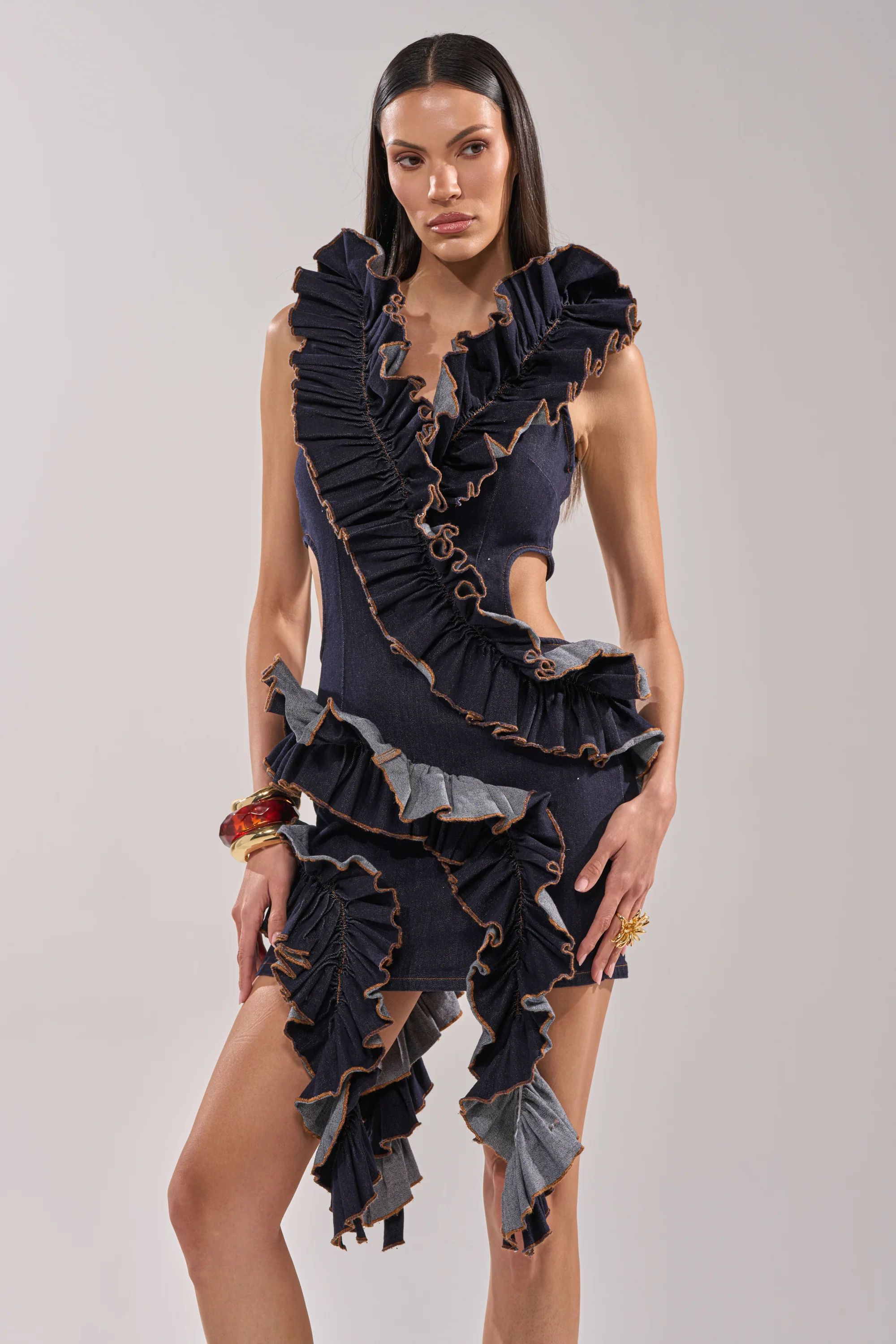 SAY IT AGAIN RUFFLED DENIM MINI DRESS IN DARK BLUE DENIM - Image 3