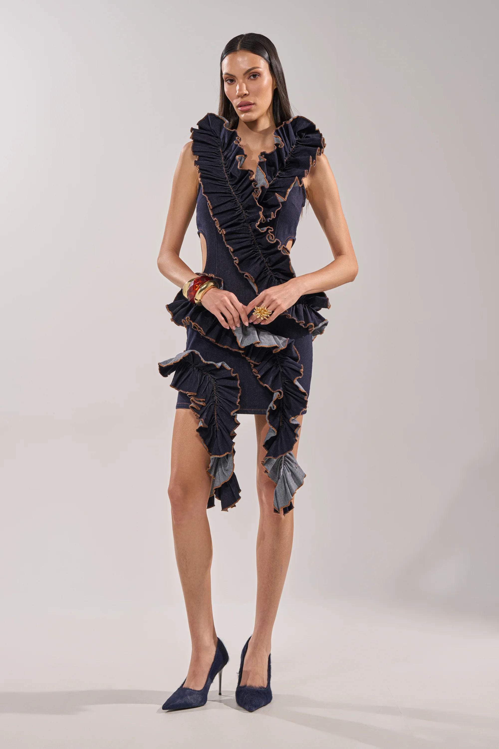 SAY IT AGAIN RUFFLED DENIM MINI DRESS IN DARK BLUE DENIM - Image 6