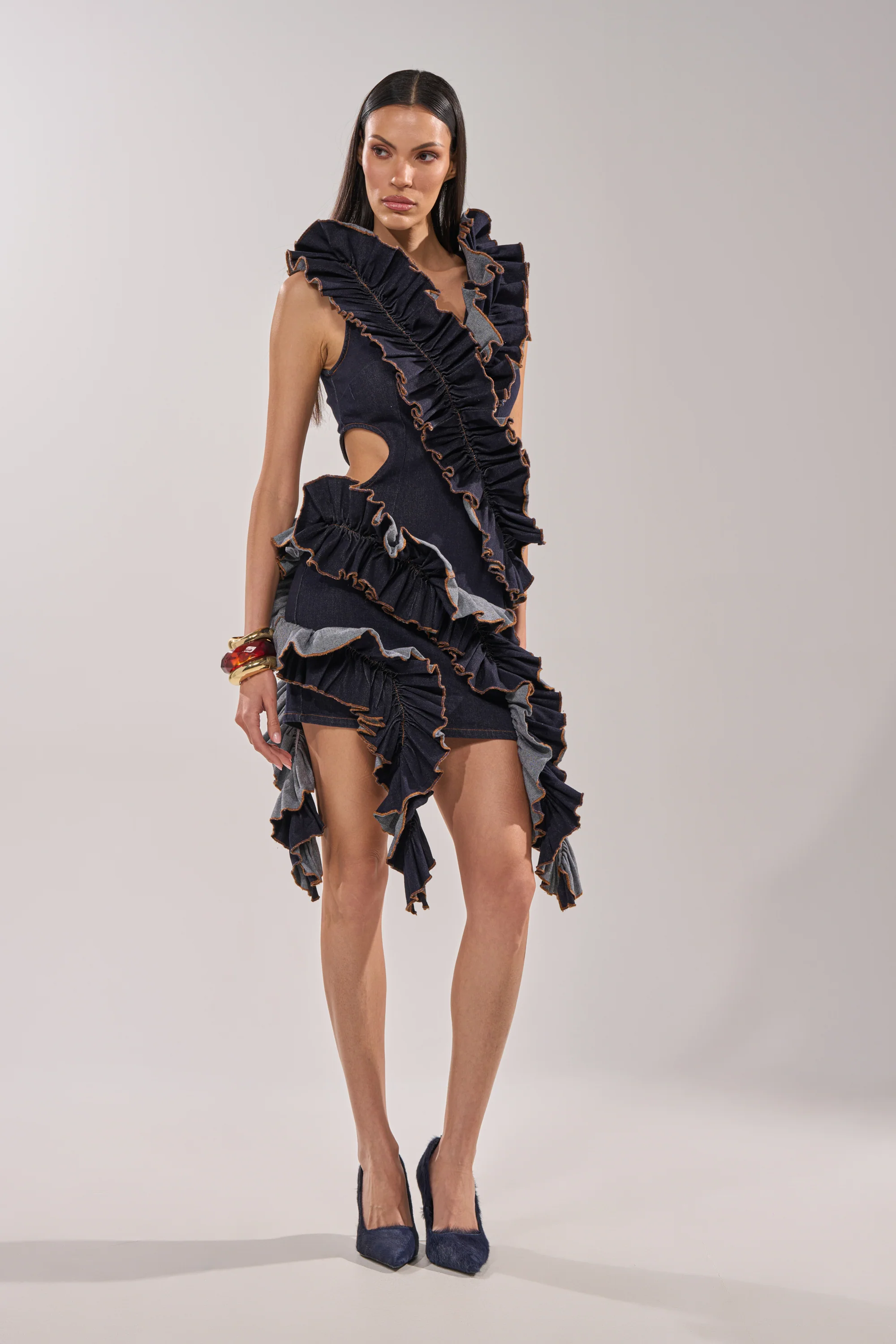 SAY IT AGAIN RUFFLED DENIM MINI DRESS IN DARK BLUE DENIM - Image 7