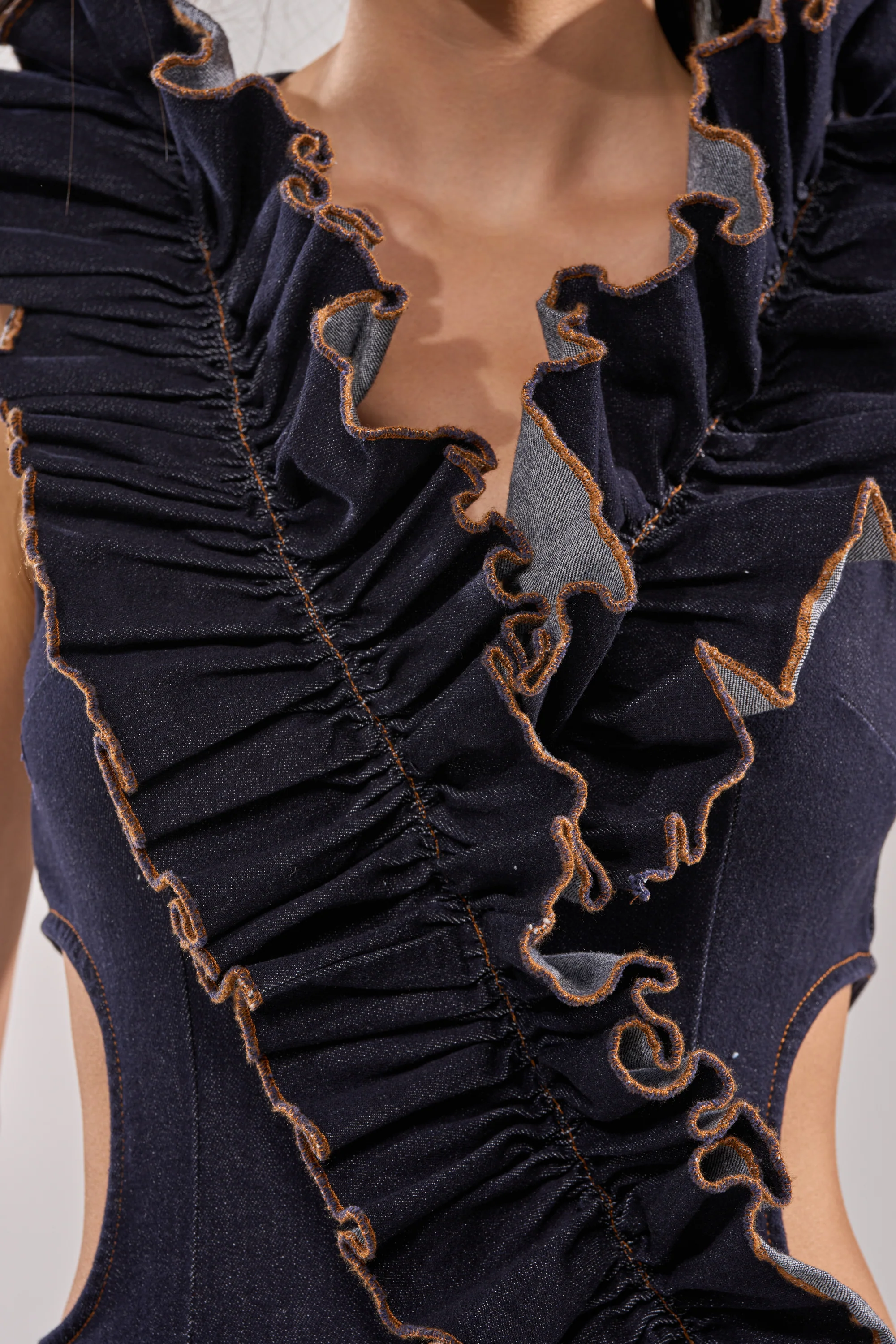 SAY IT AGAIN RUFFLED DENIM MINI DRESS IN DARK BLUE DENIM - Image 8