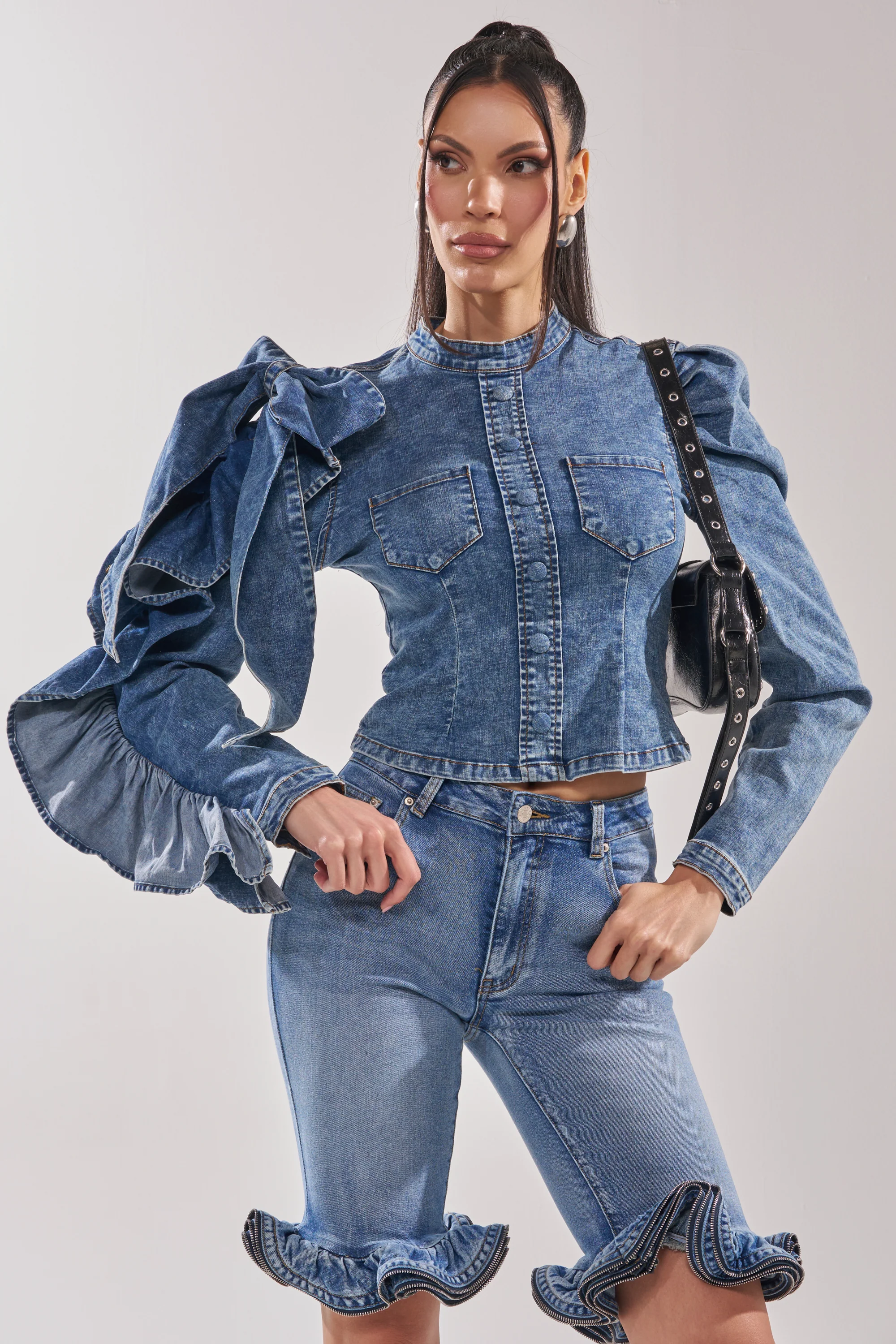 SEIZE THE DAY LONG SLEEVE FLOUNCE MEDIUM BLUE DENIM TOP