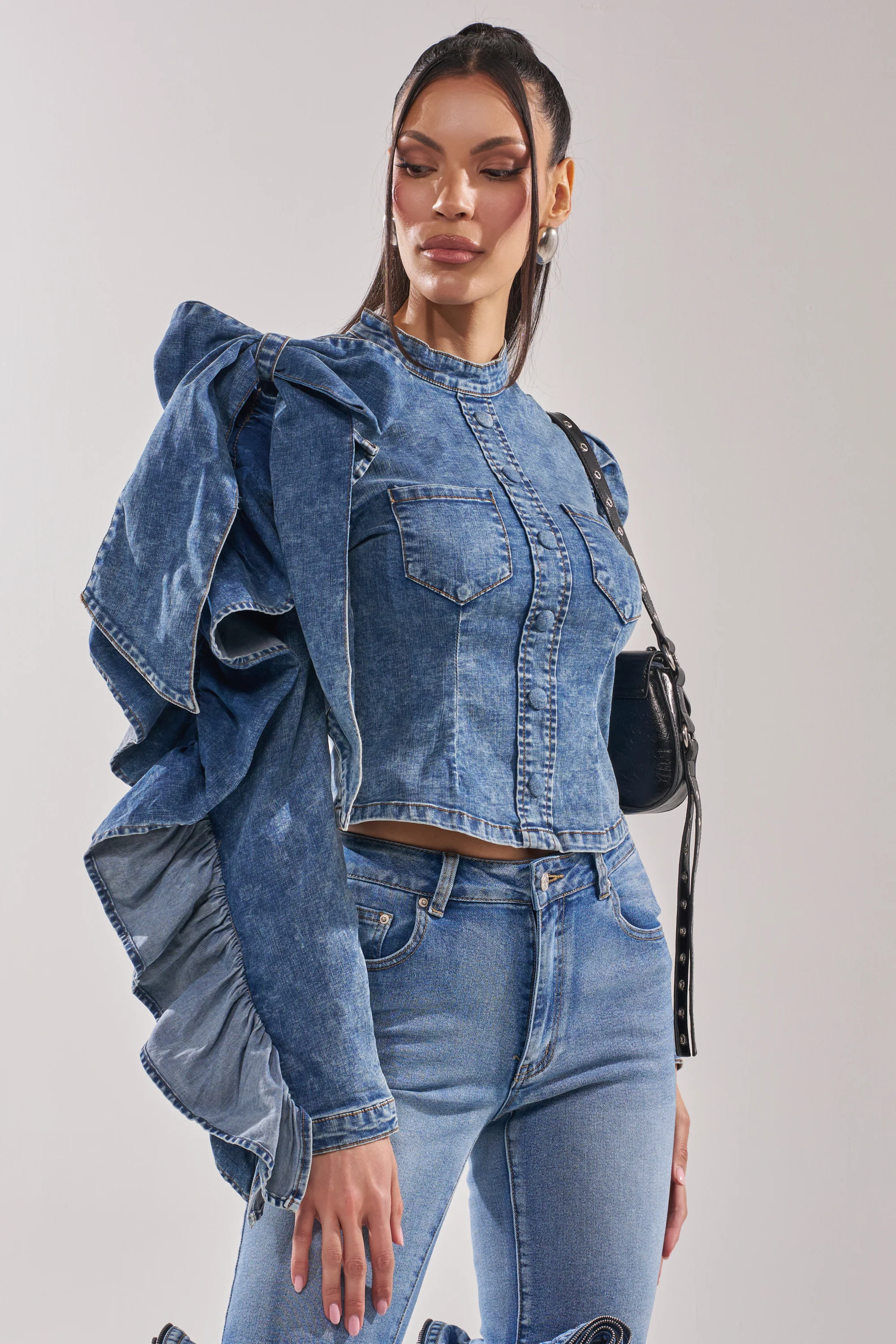 SEIZE THE DAY LONG SLEEVE FLOUNCE MEDIUM BLUE DENIM TOP - Image 2