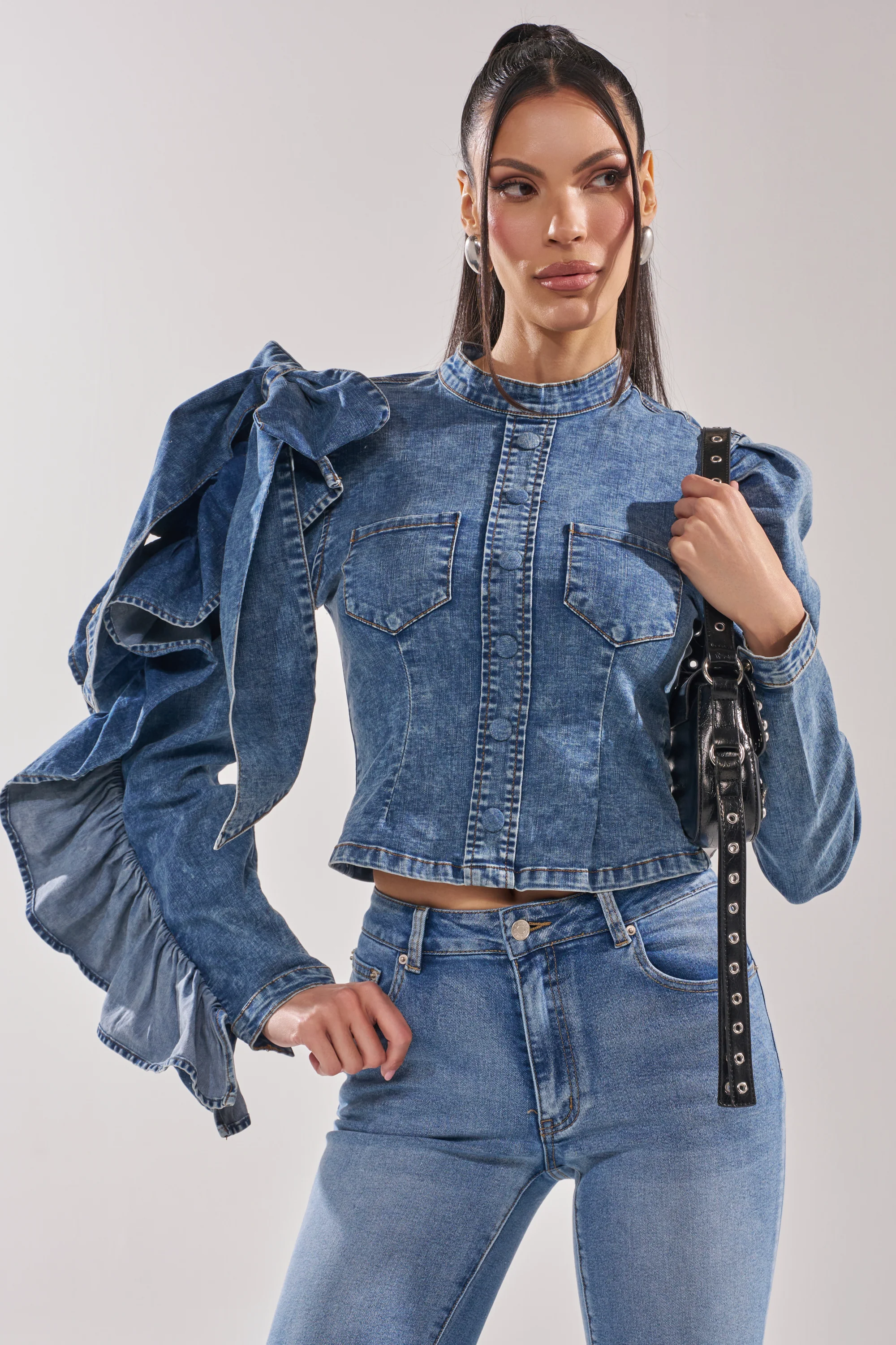 SEIZE THE DAY LONG SLEEVE FLOUNCE MEDIUM BLUE DENIM TOP - Image 3