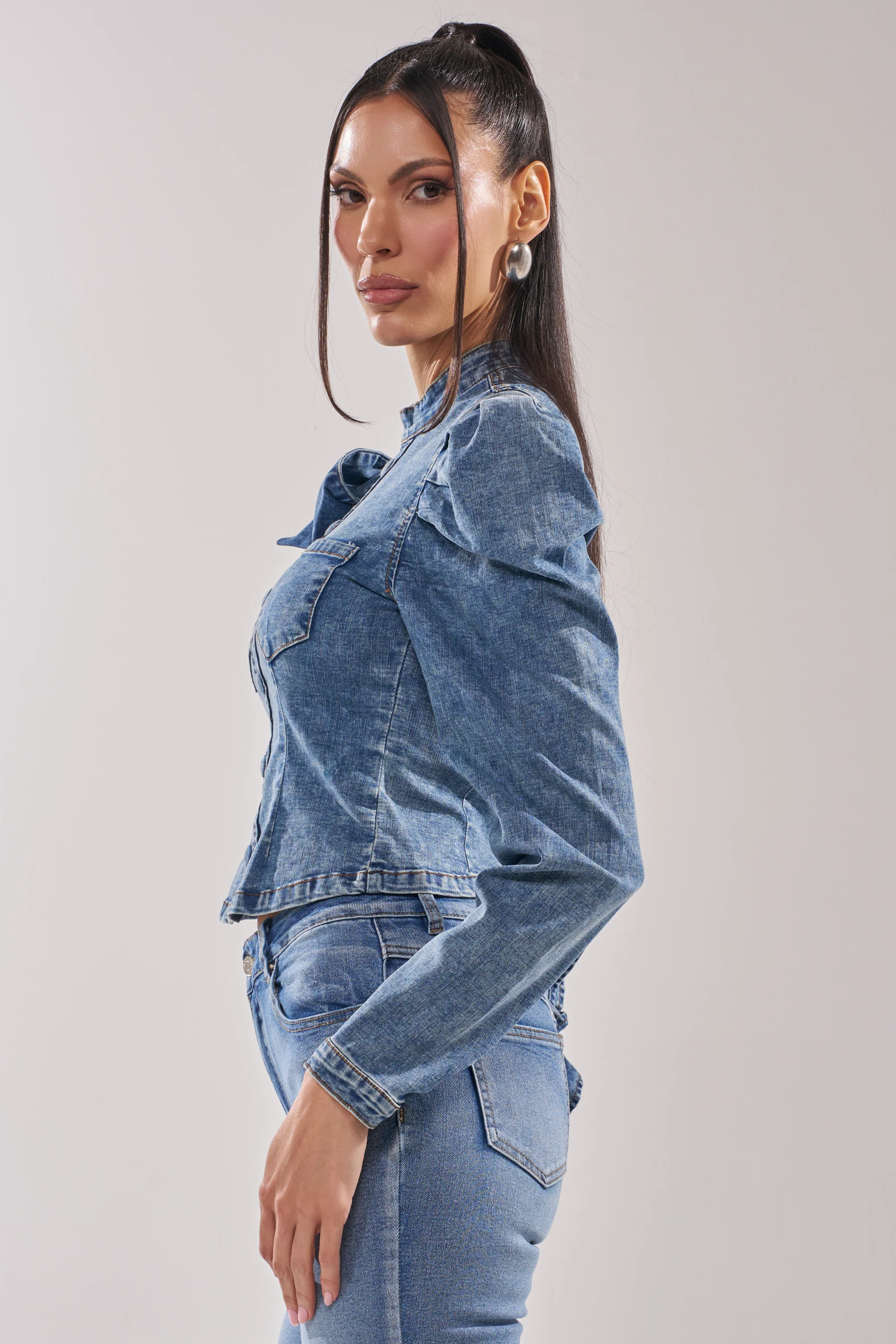 SEIZE THE DAY LONG SLEEVE FLOUNCE MEDIUM BLUE DENIM TOP - Image 5