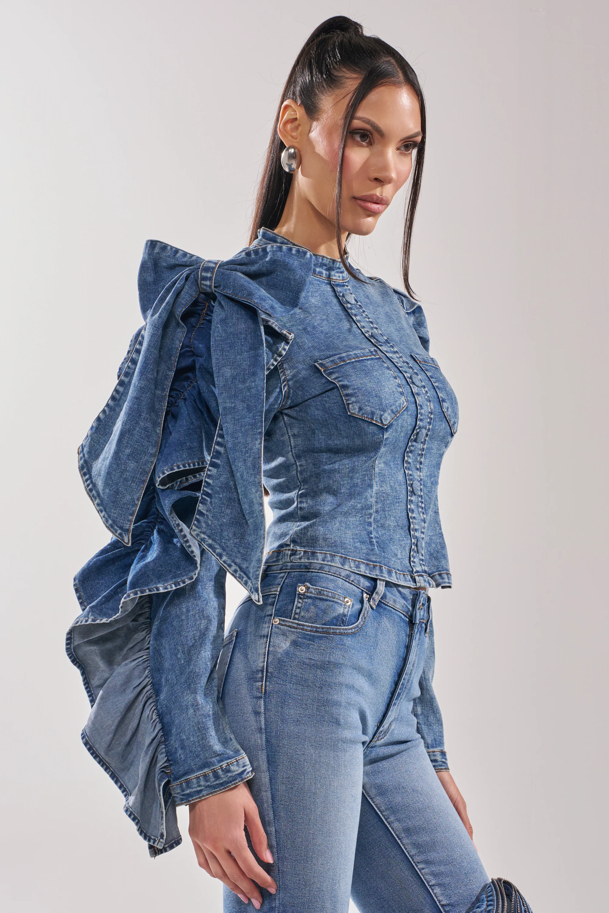 SEIZE THE DAY LONG SLEEVE FLOUNCE MEDIUM BLUE DENIM TOP - Image 6