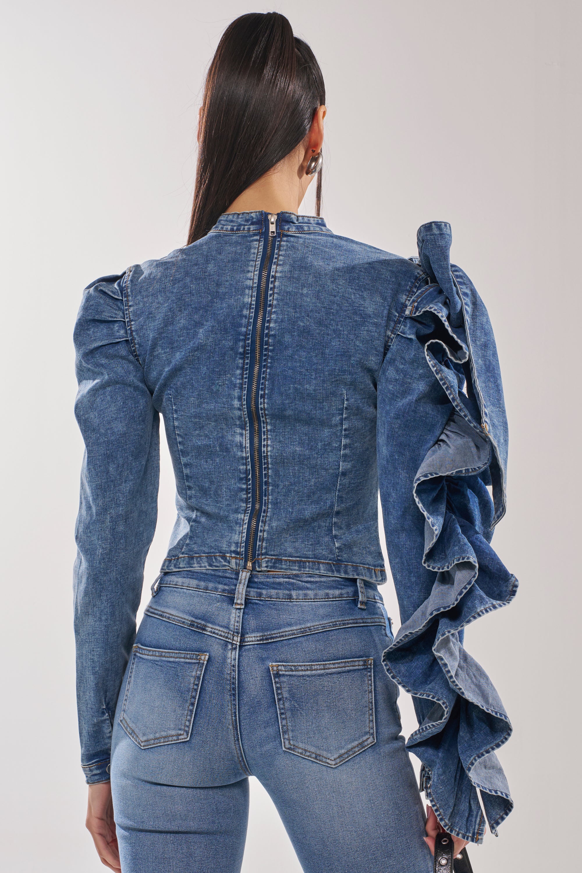 SEIZE THE DAY LONG SLEEVE FLOUNCE MEDIUM BLUE DENIM TOP - Image 7