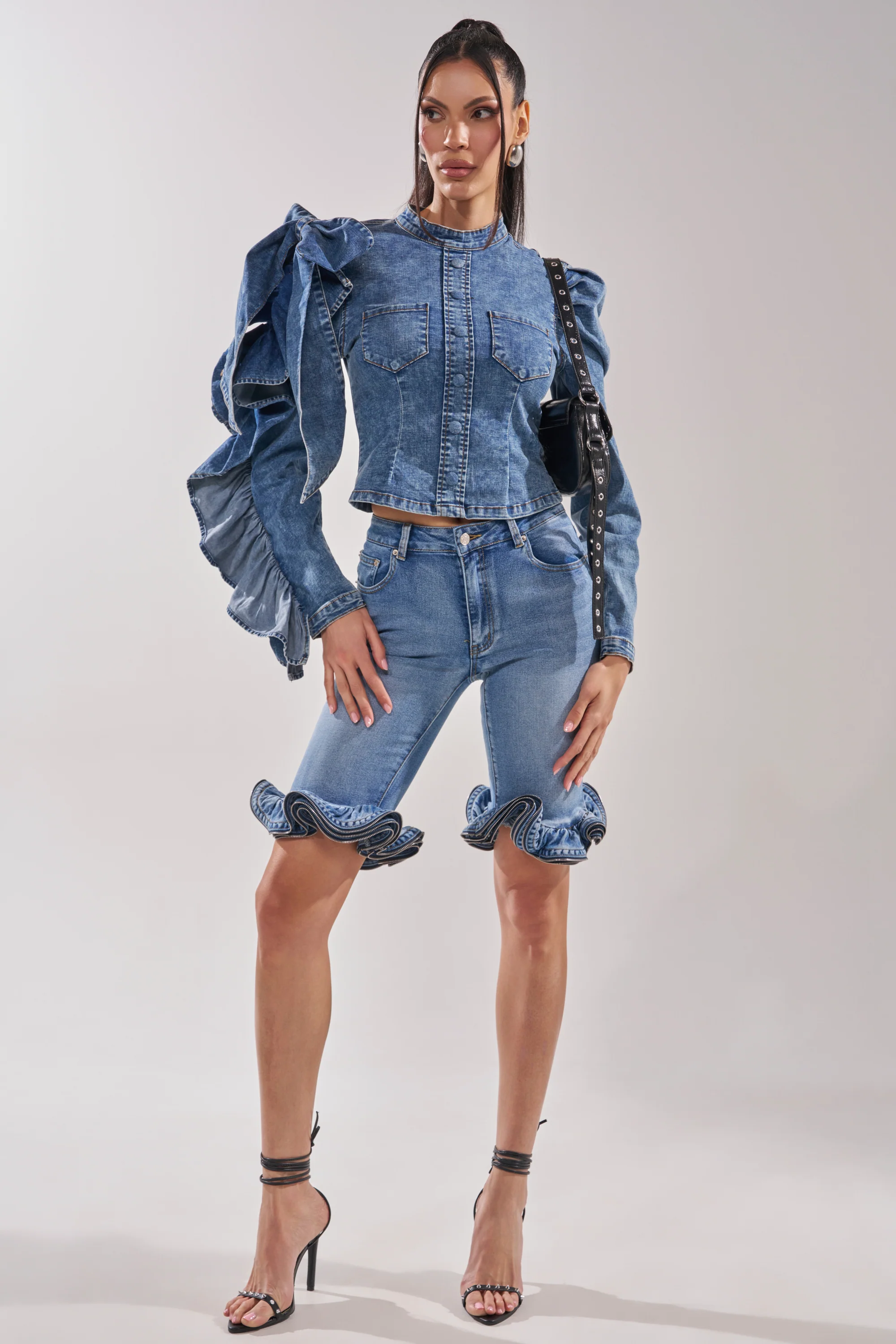 SEIZE THE DAY LONG SLEEVE FLOUNCE MEDIUM BLUE DENIM TOP - Image 9