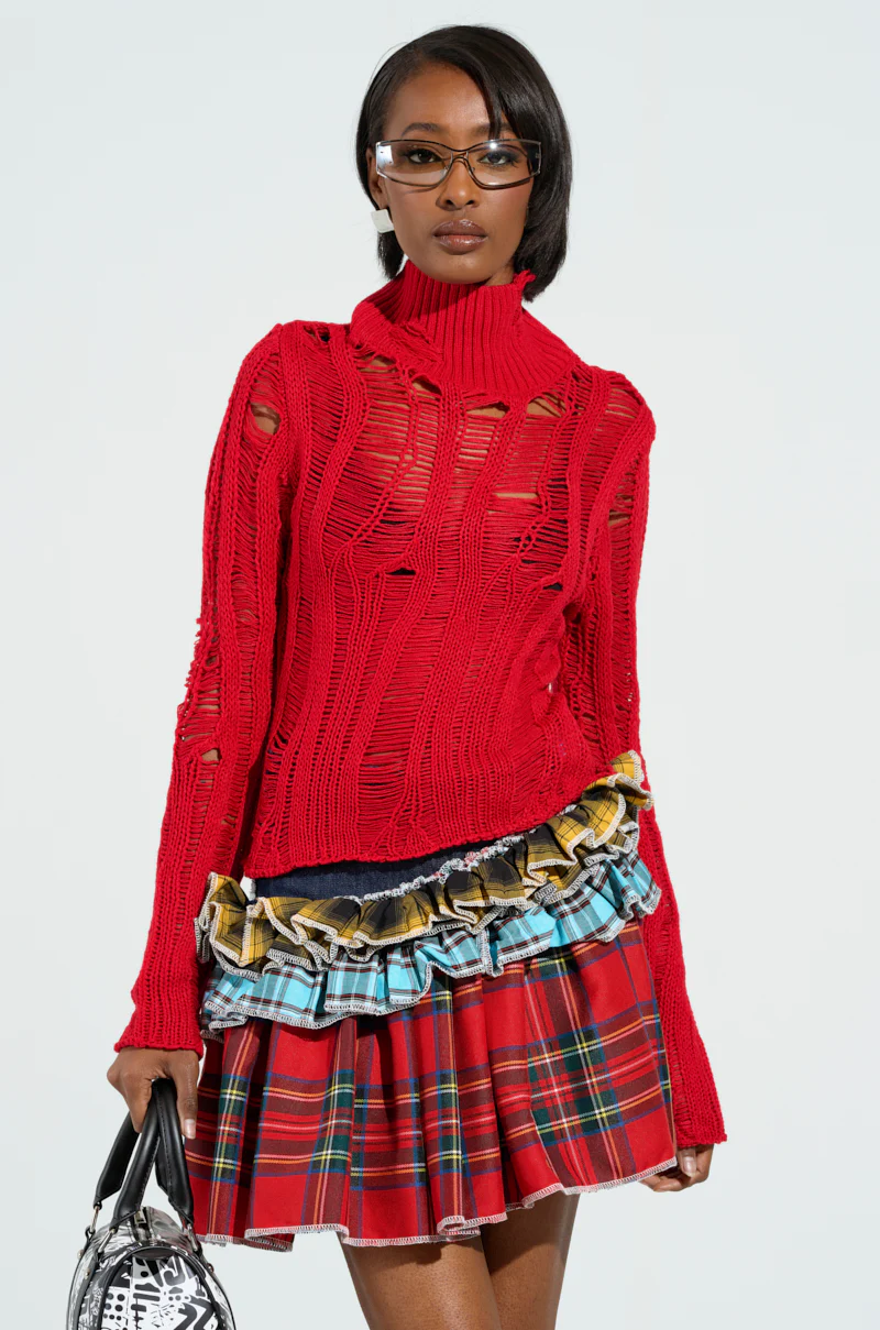 SEXY LOOSE WEAVE HIGH NECK SWEATER IN RED - Image 2
