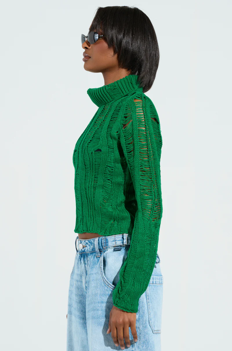 SEXY LOOSE WEAVE HIGH NECK SWEATER IN GREEN - Image 2