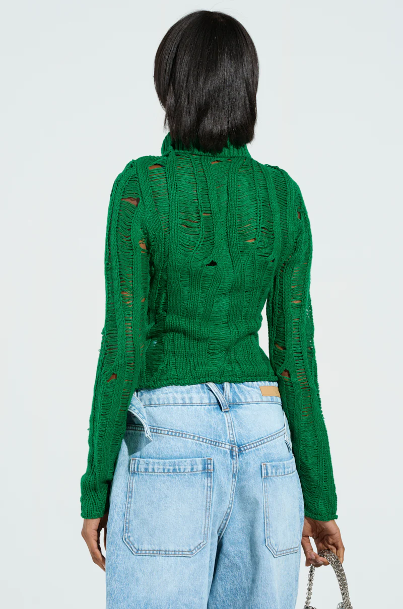 SEXY LOOSE WEAVE HIGH NECK SWEATER IN GREEN - Image 3