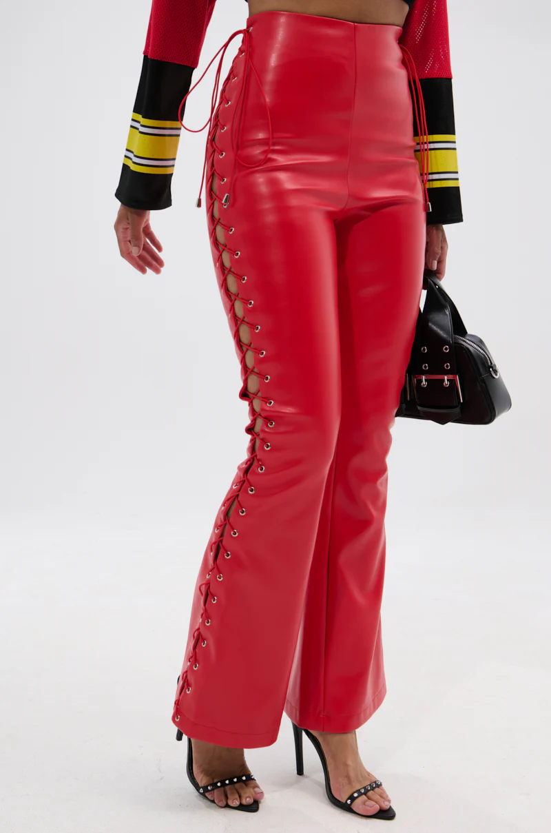 SEXY FAUX LEATHER RED LACE-UP PANTS - Image 3