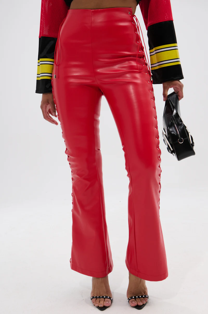 SEXY FAUX LEATHER RED LACE-UP PANTS - Image 4