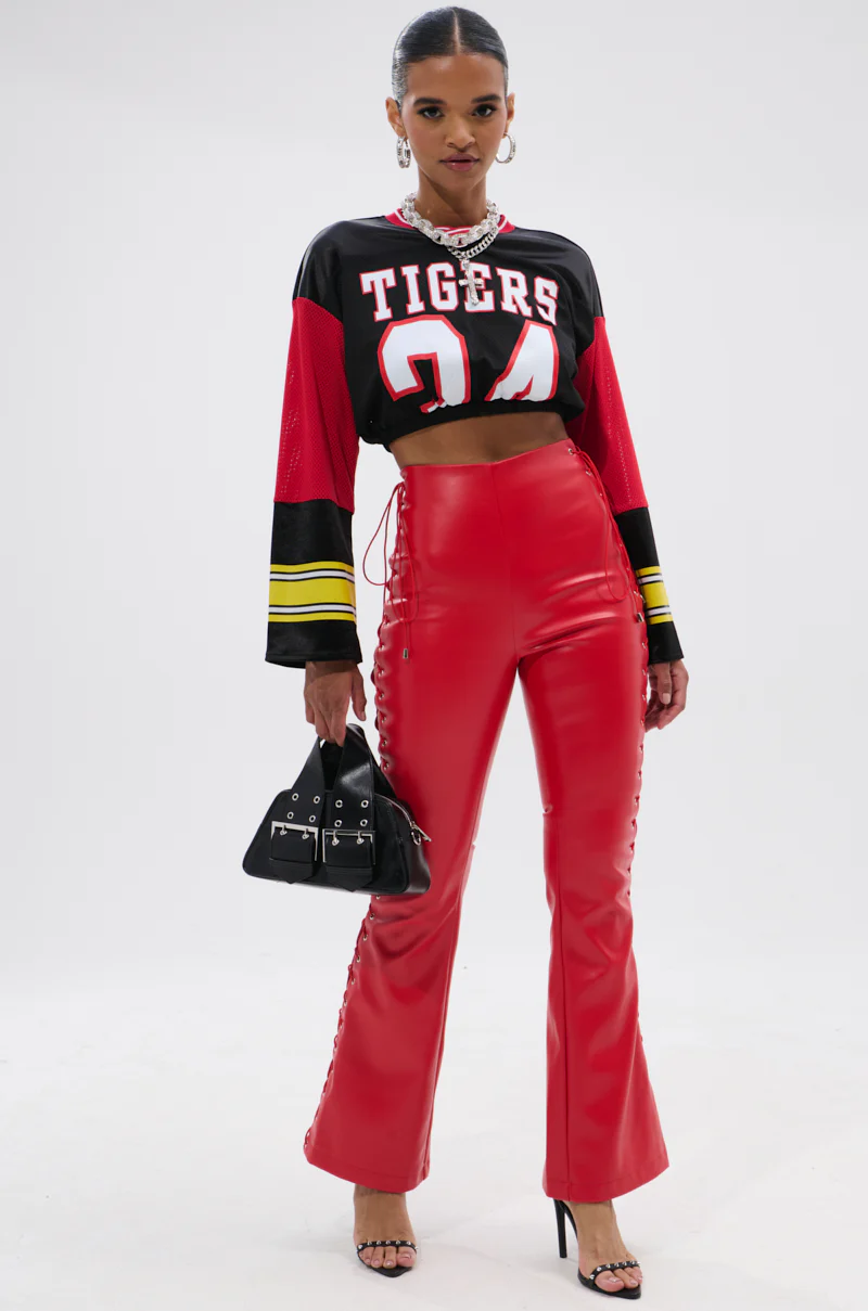 SEXY FAUX LEATHER RED LACE-UP PANTS - Image 9