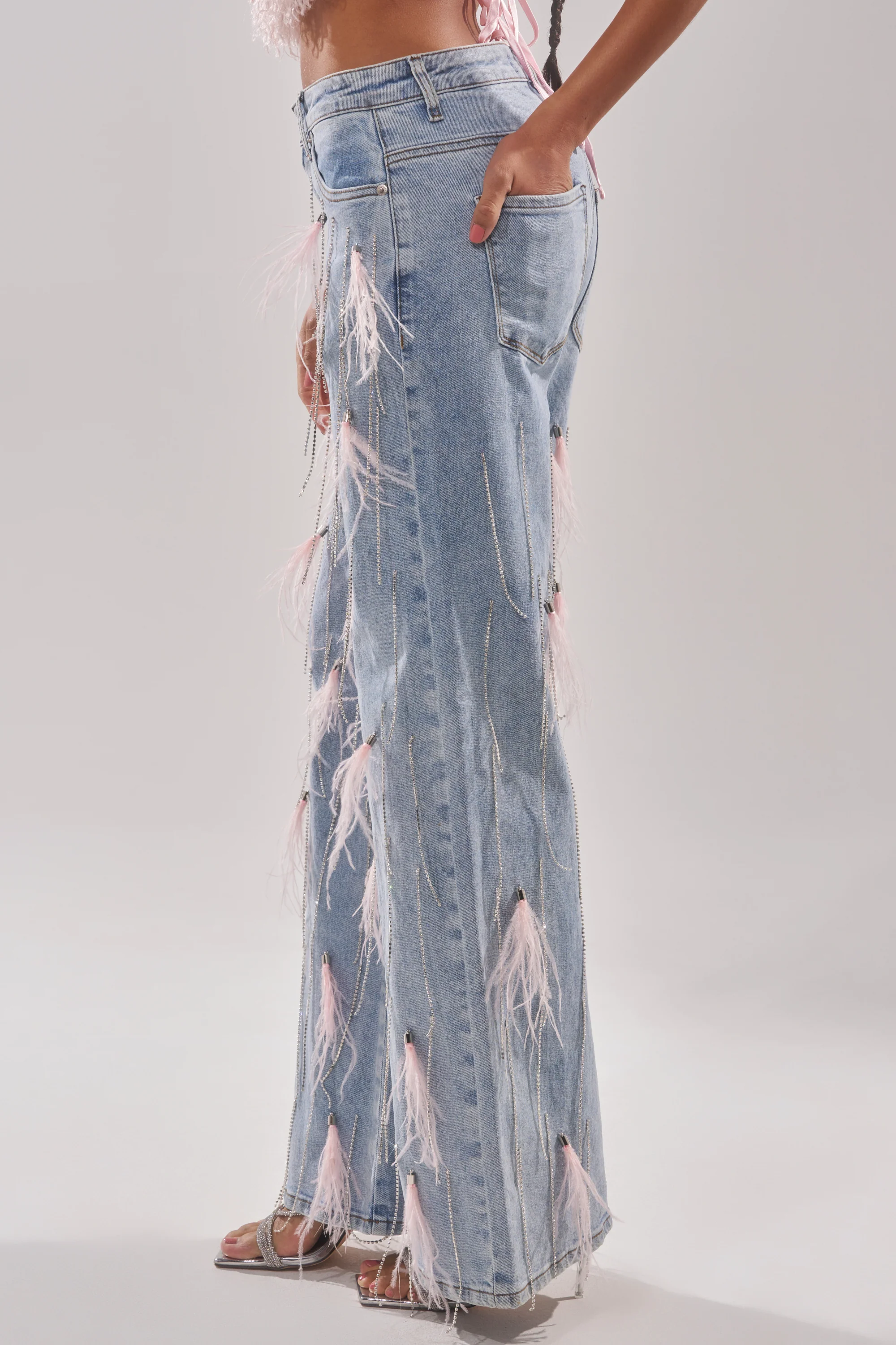 SHAKE IT FOR ME GIRL PINK FEATHER EMBELLISHED DENIM - Image 4