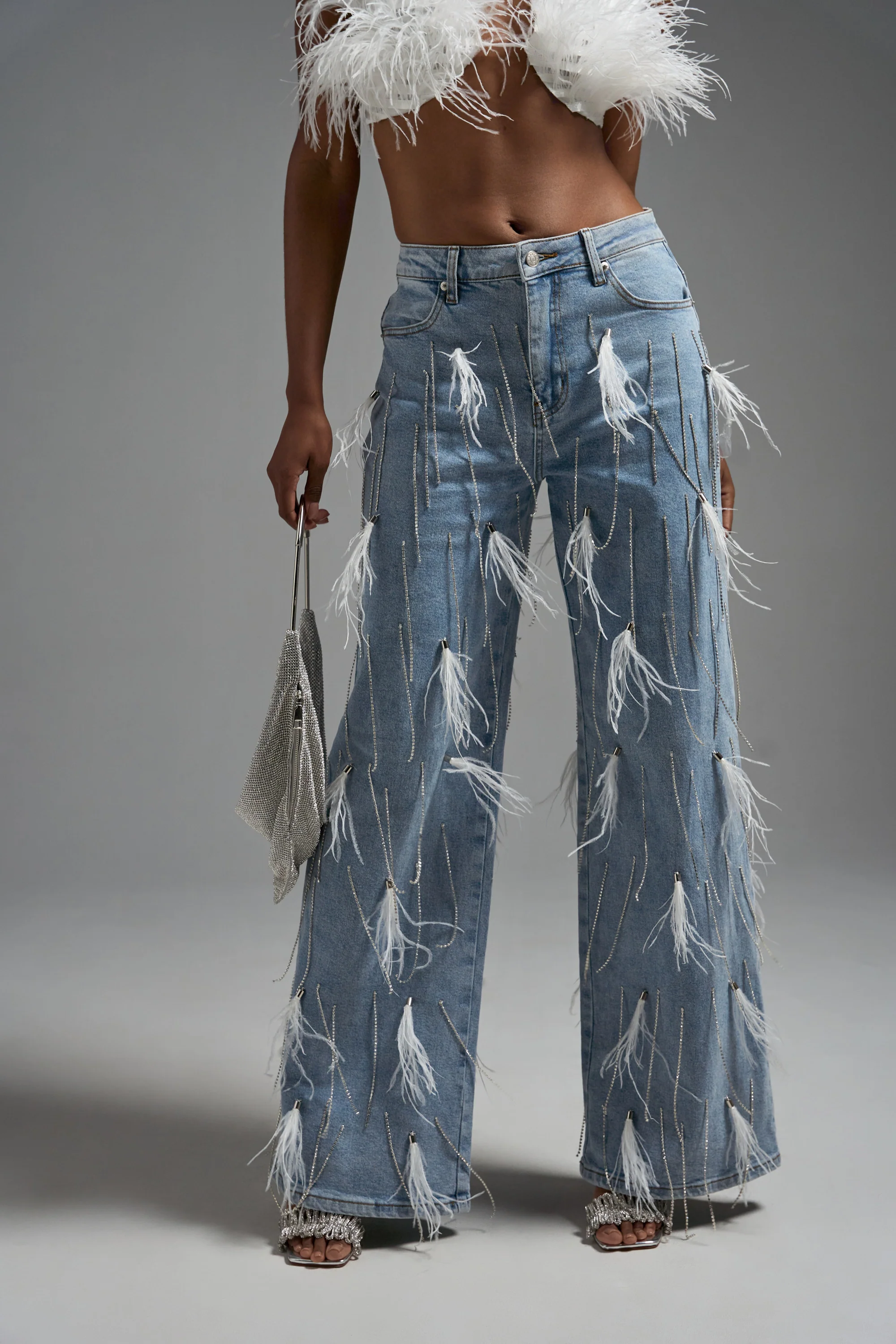 SHAKE IT FOR ME GIRL WHITE FEATHER EMBELLISHED DENIM - Image 2