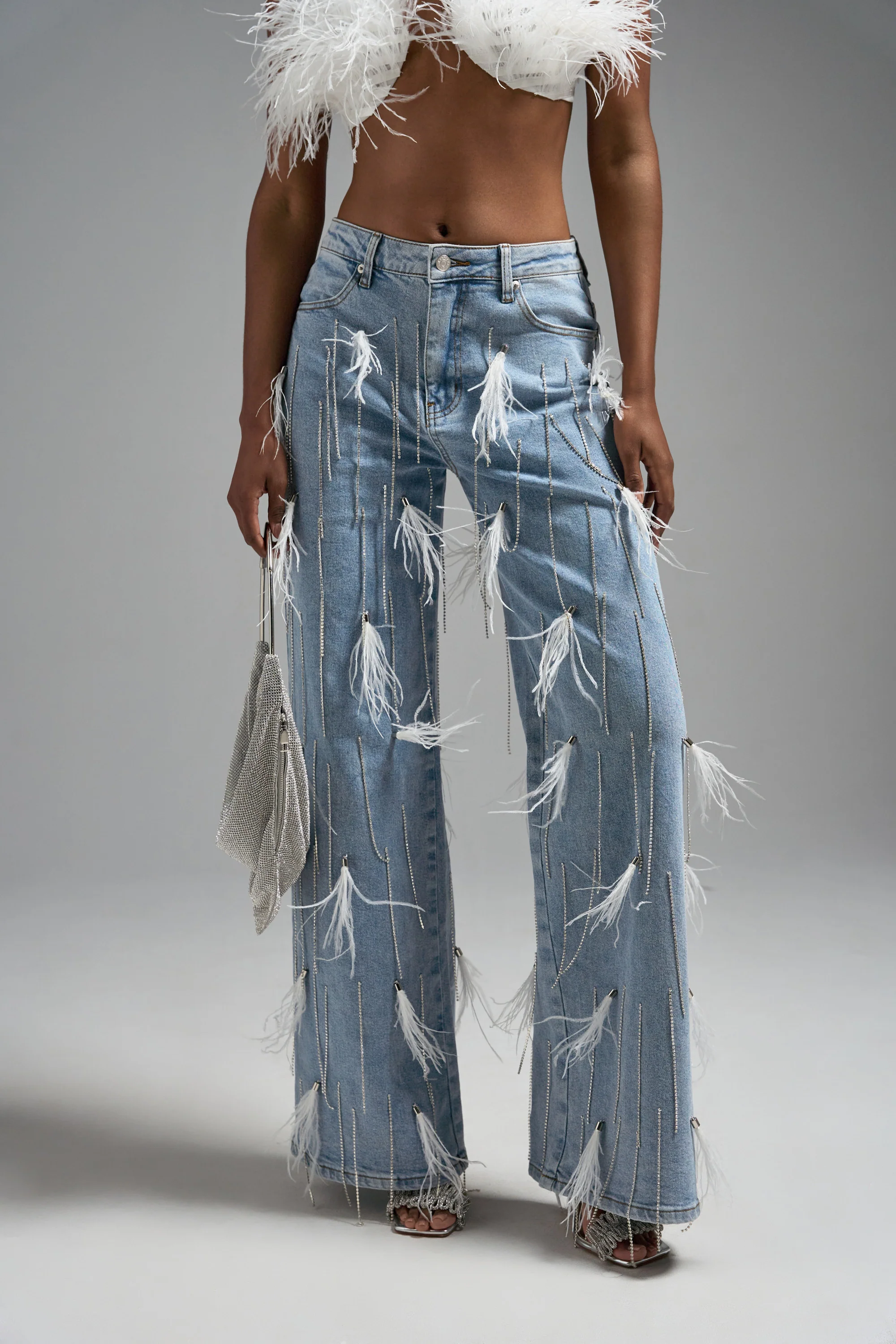 SHAKE IT FOR ME GIRL WHITE FEATHER EMBELLISHED DENIM - Image 3
