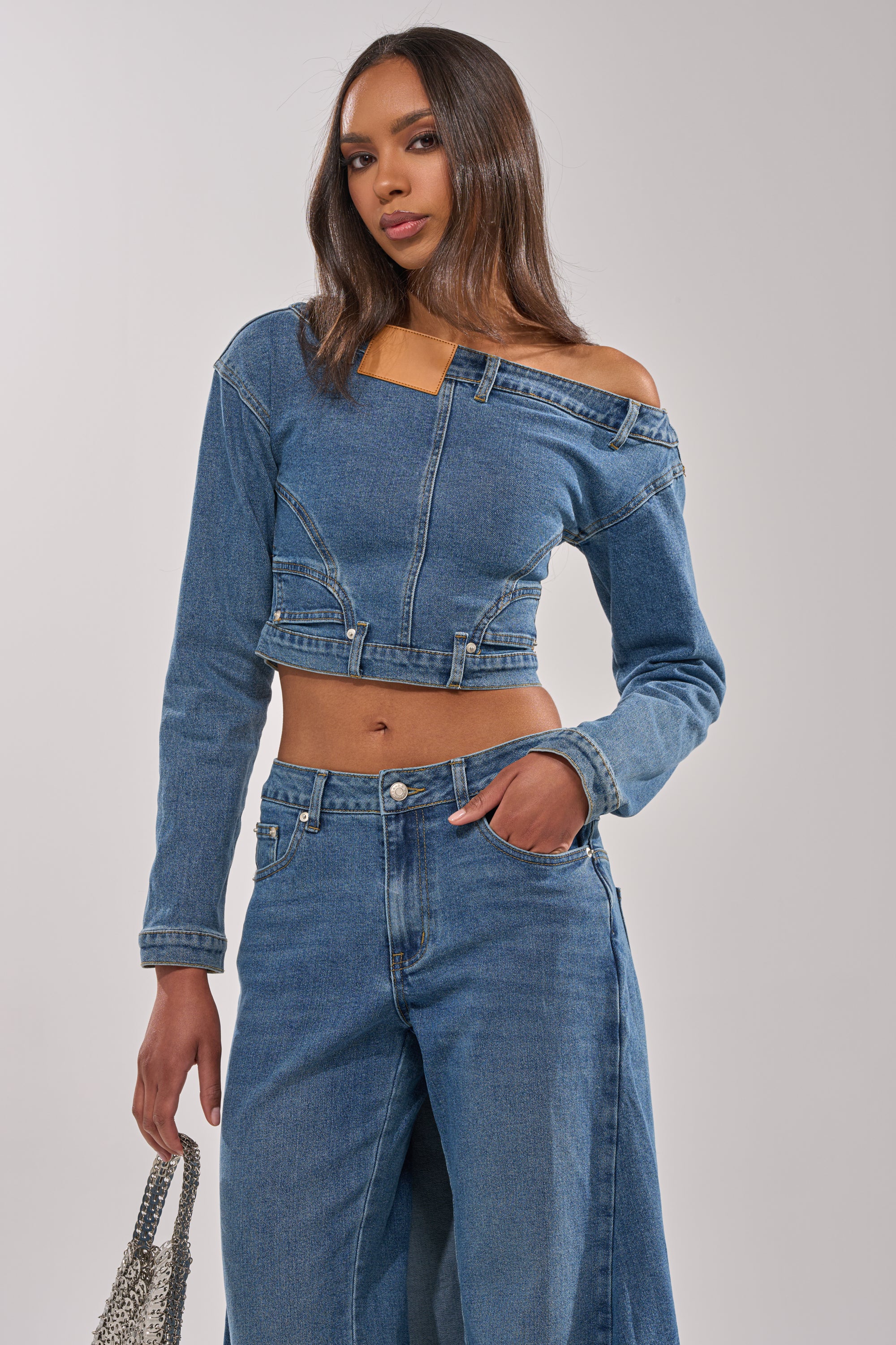 SHAKE IT OFF DENIM OFF THE SHOULDER TOP - Image 4