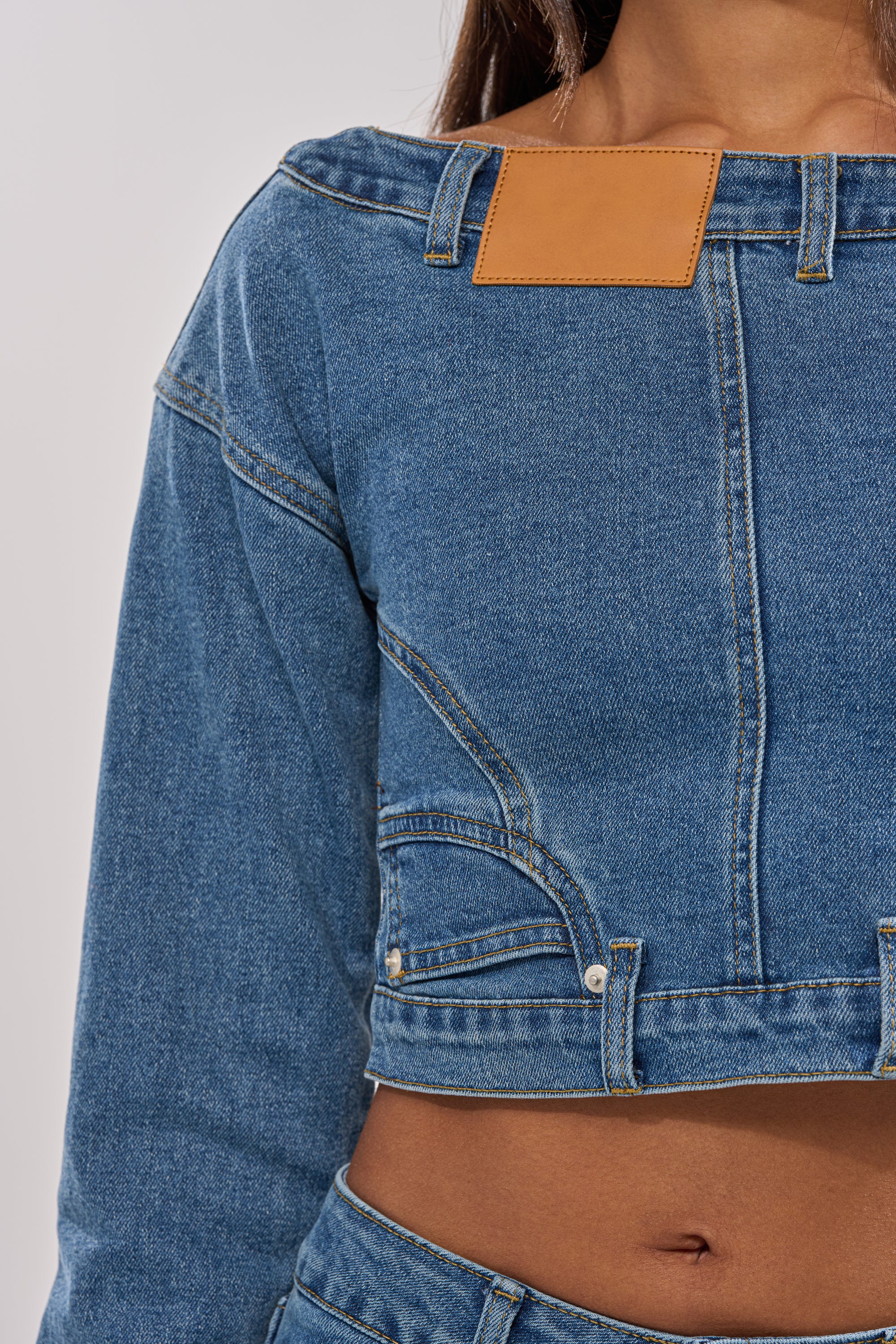 SHAKE IT OFF DENIM OFF THE SHOULDER TOP - Image 9