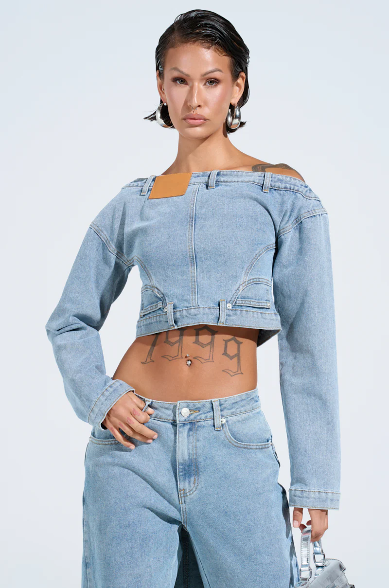 SHAKE IT OFF DENIM OFF THE SHOULDER TOP - Image 3