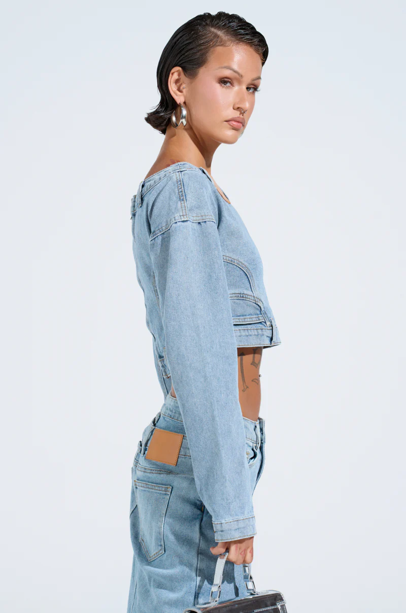 SHAKE IT OFF DENIM OFF THE SHOULDER TOP - Image 4