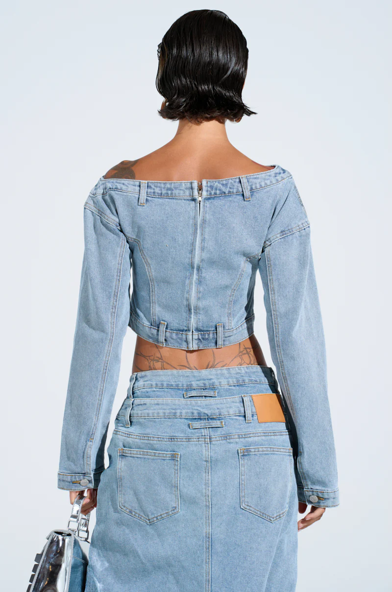 SHAKE IT OFF DENIM OFF THE SHOULDER TOP - Image 5