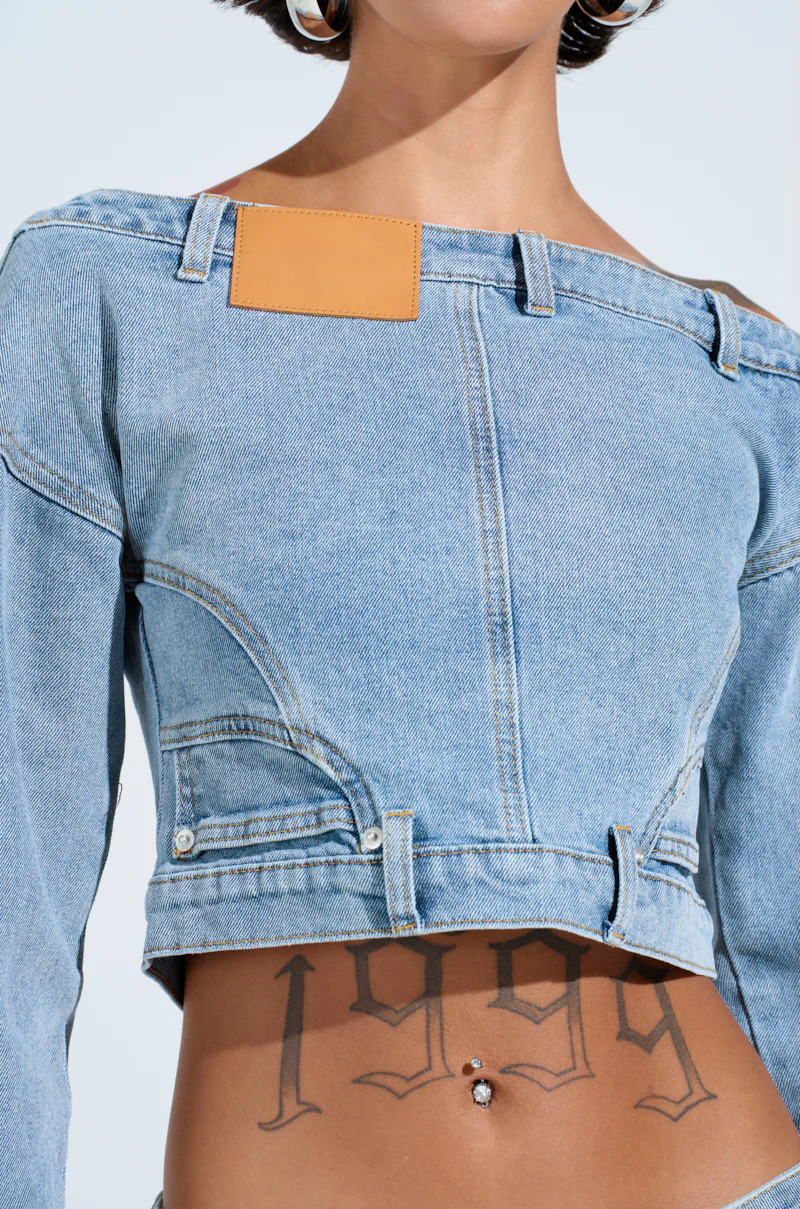 SHAKE IT OFF DENIM OFF THE SHOULDER TOP - Image 9