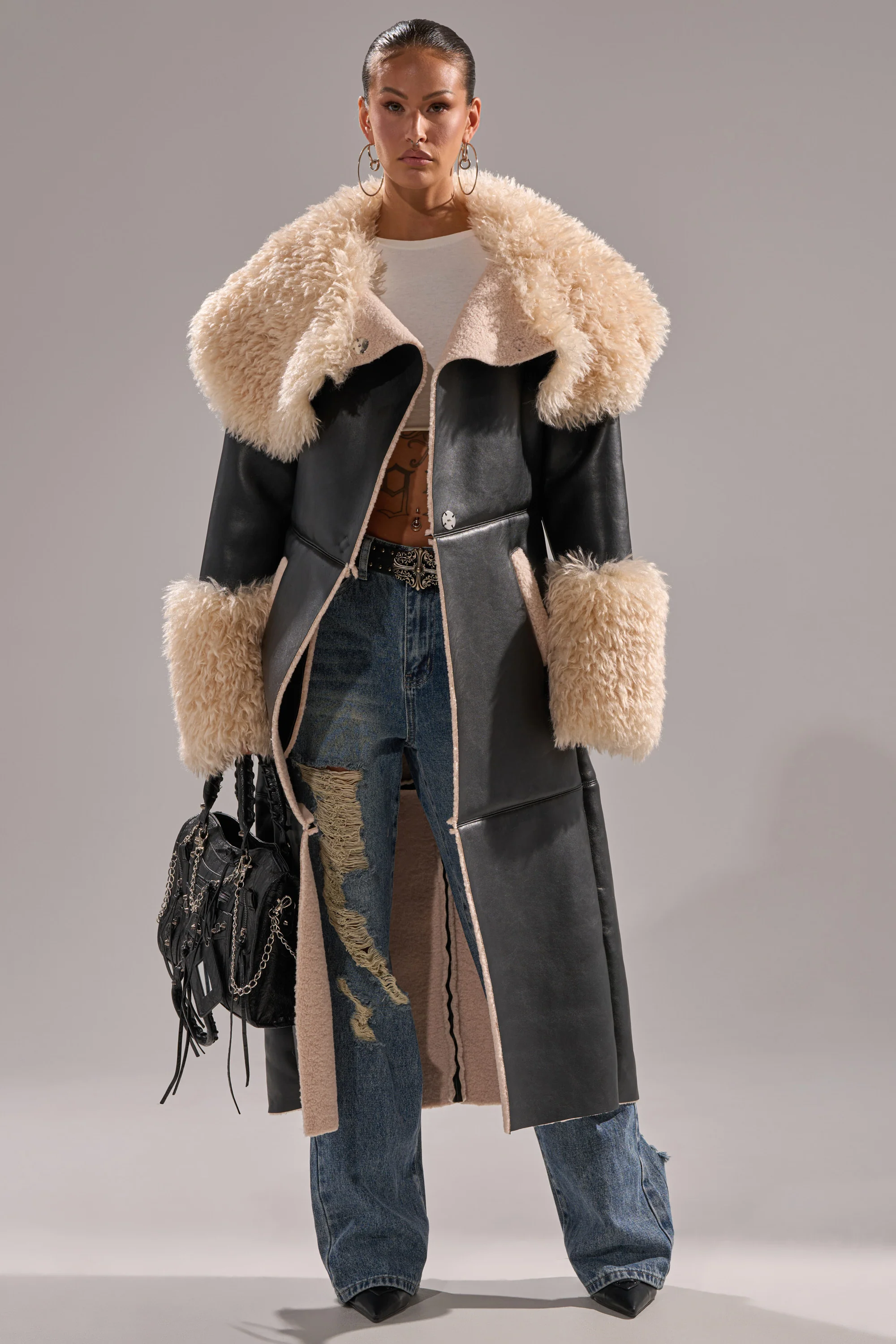 SHE GOT IT FLUFFY PU TRENCH WITH BONDED SHERPA - Image 3