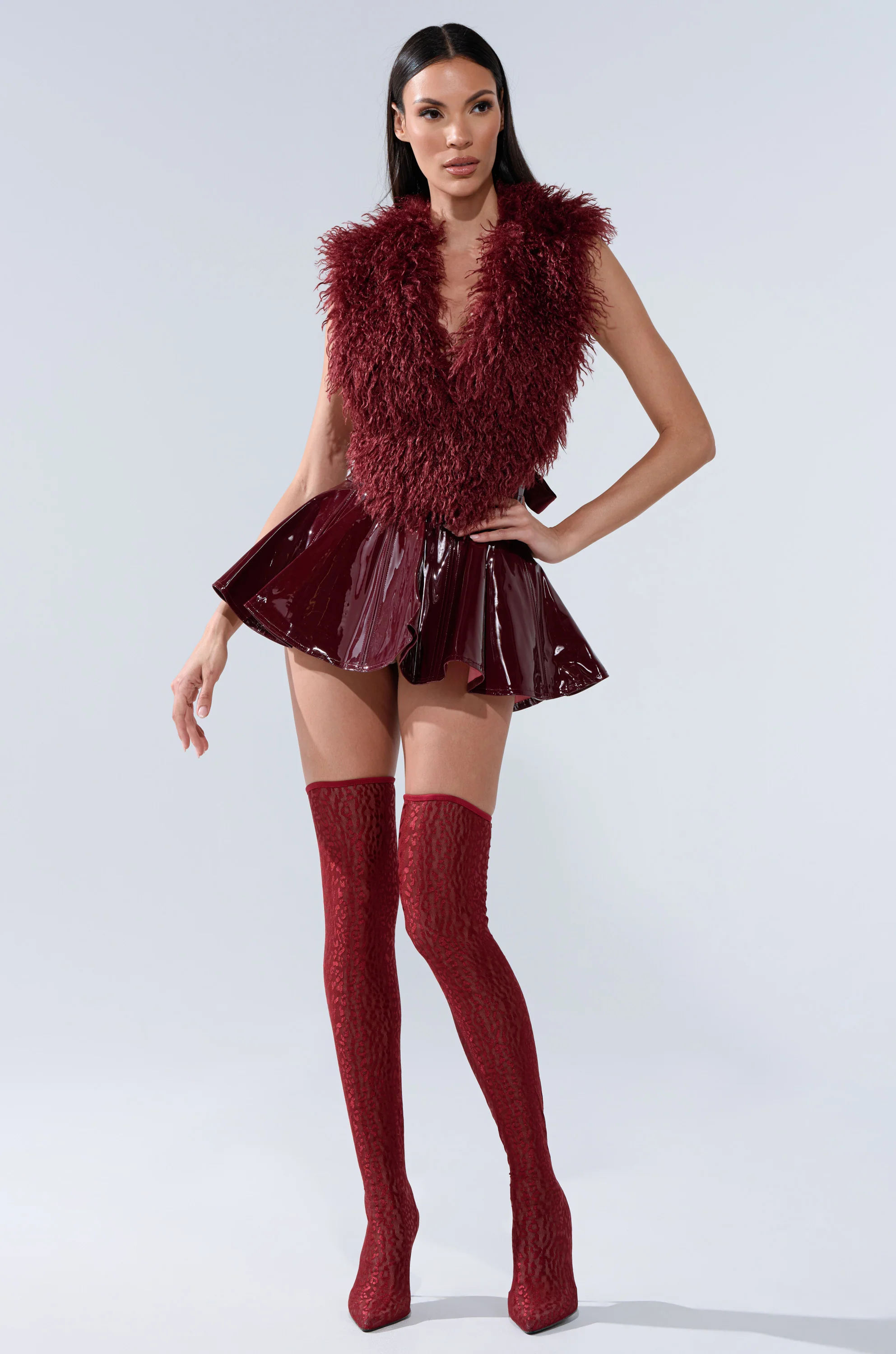 SHE IS ON FIRE FAUX LEATHER MINI SKIRT IN BURGUNDY - Image 7