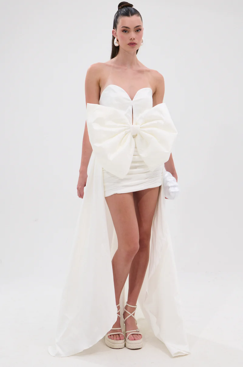 SHE IS THE MOMENT MINI DRESS WITH TRAIN IN WHITE - Image 2