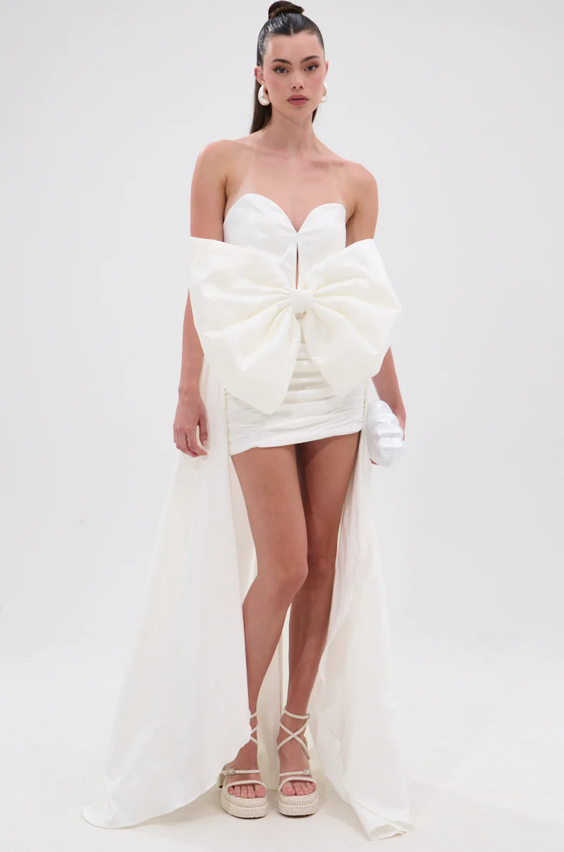 SHE IS THE MOMENT MINI DRESS WITH TRAIN IN WHITE - Image 3