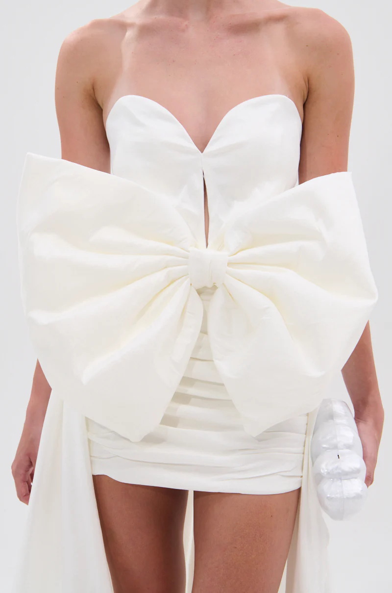 SHE IS THE MOMENT MINI DRESS WITH TRAIN IN WHITE - Image 7