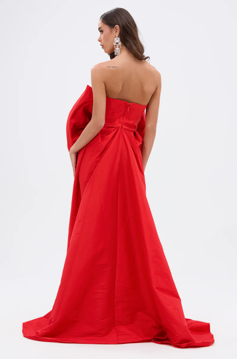 SHE IS THE MOMENT MINI DRESS WITH TRAIN IN RED - Image 6
