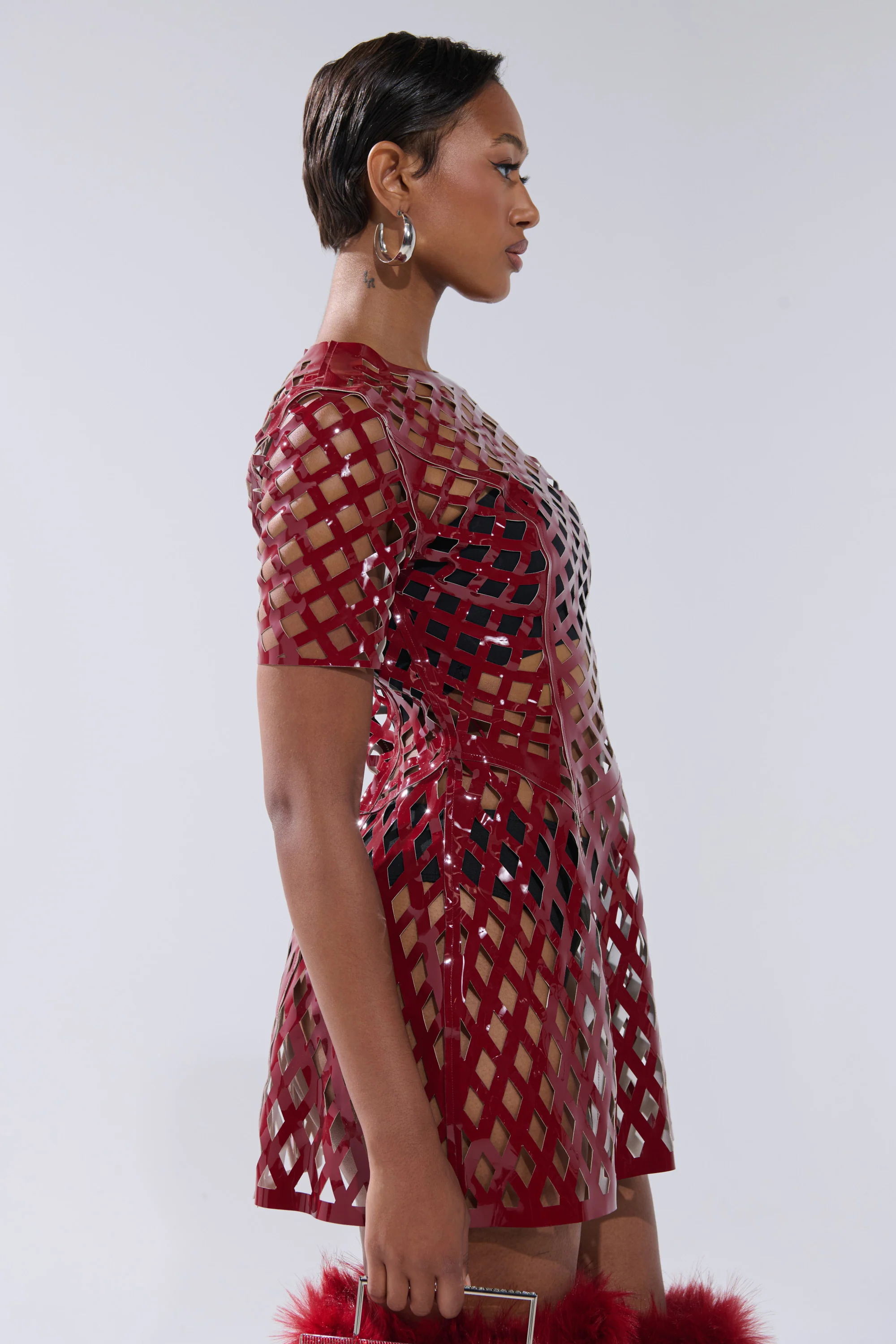 SHE'S DIFFERENT CUT OUT FAUX LEATHER MINI DRESS IN BURGUNDY - Image 3