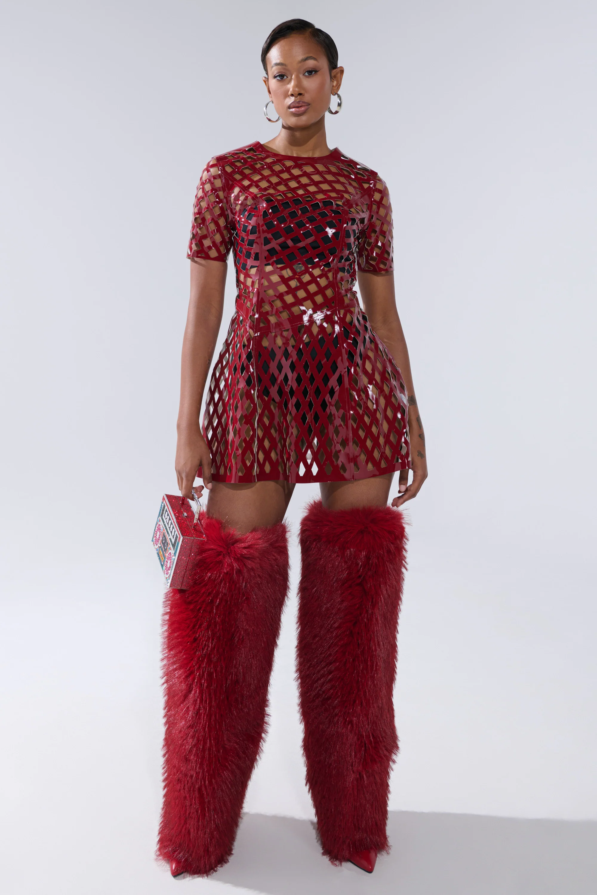 SHE'S DIFFERENT CUT OUT FAUX LEATHER MINI DRESS IN BURGUNDY - Image 6