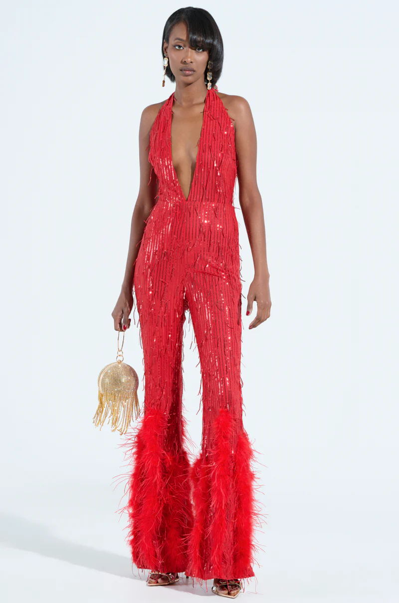 SHE'S SO CANDID MESH FEATHER EMBELLISHED JUMPSUIT